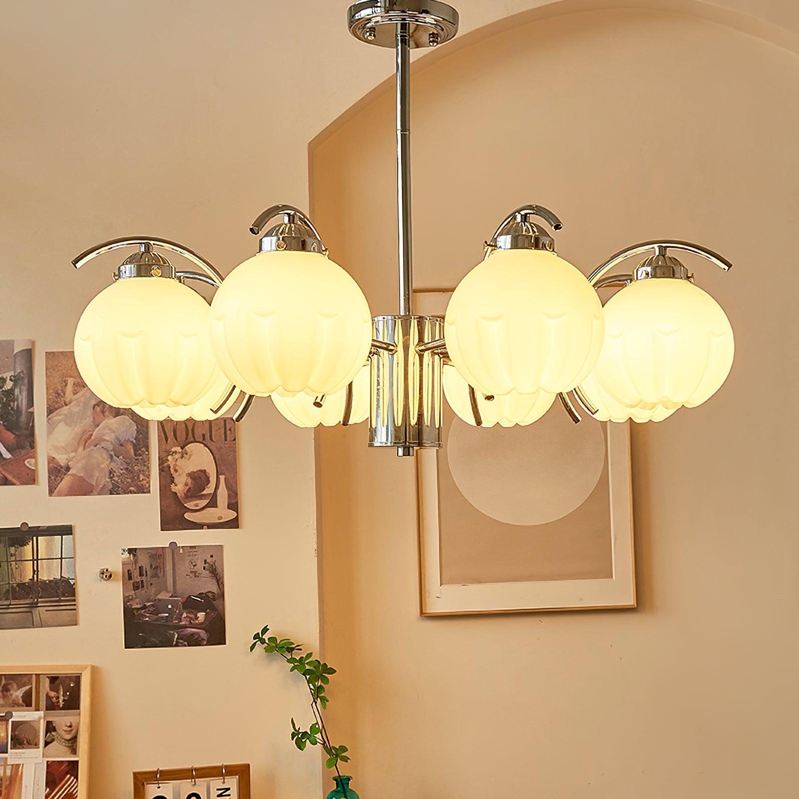 Chandelier Chrome Curved Arms with Frosted Globe Shades-Neutral Decor