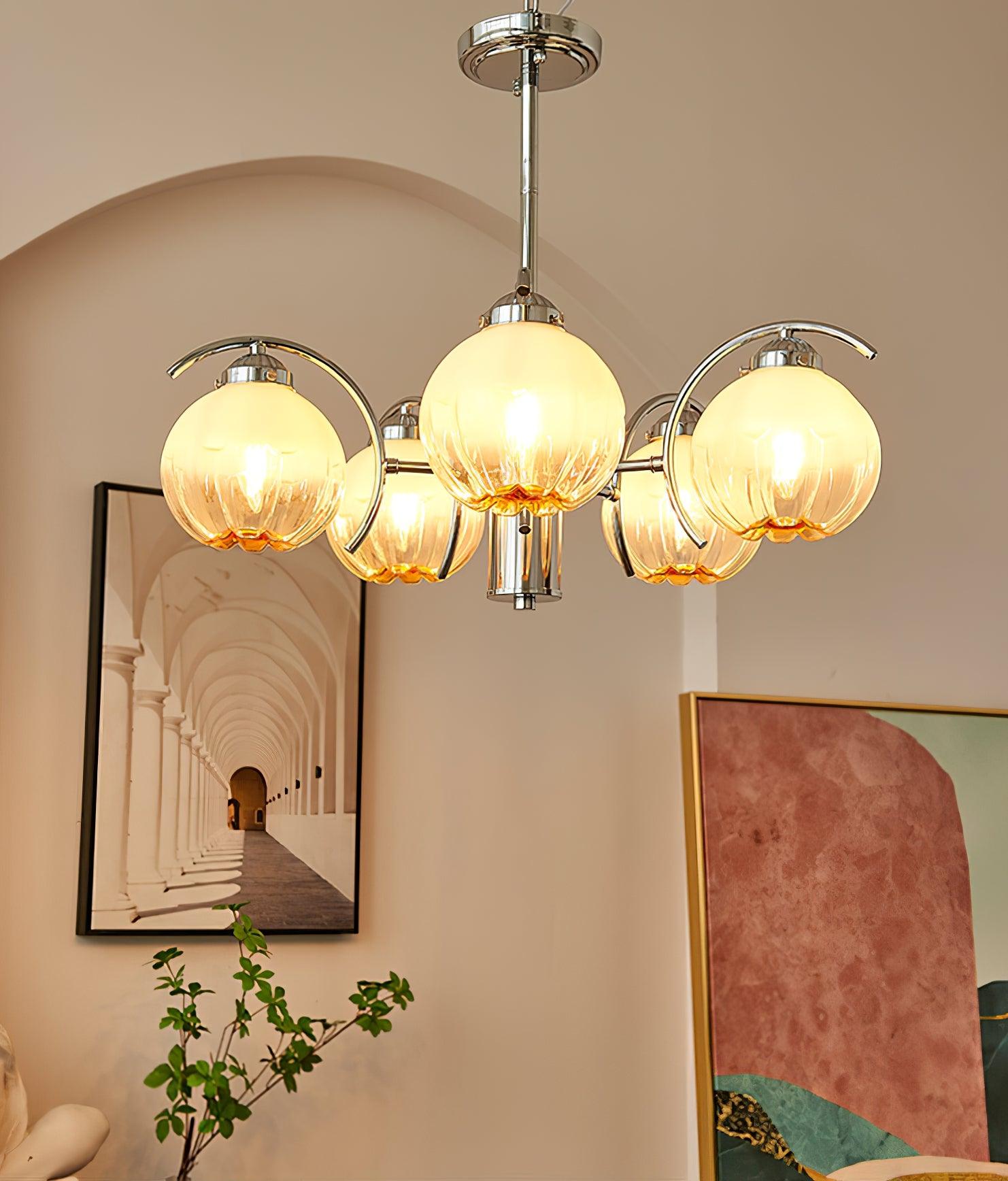 Chandelier Chrome Curved Arms with Frosted Globe Shades-Neutral Decor