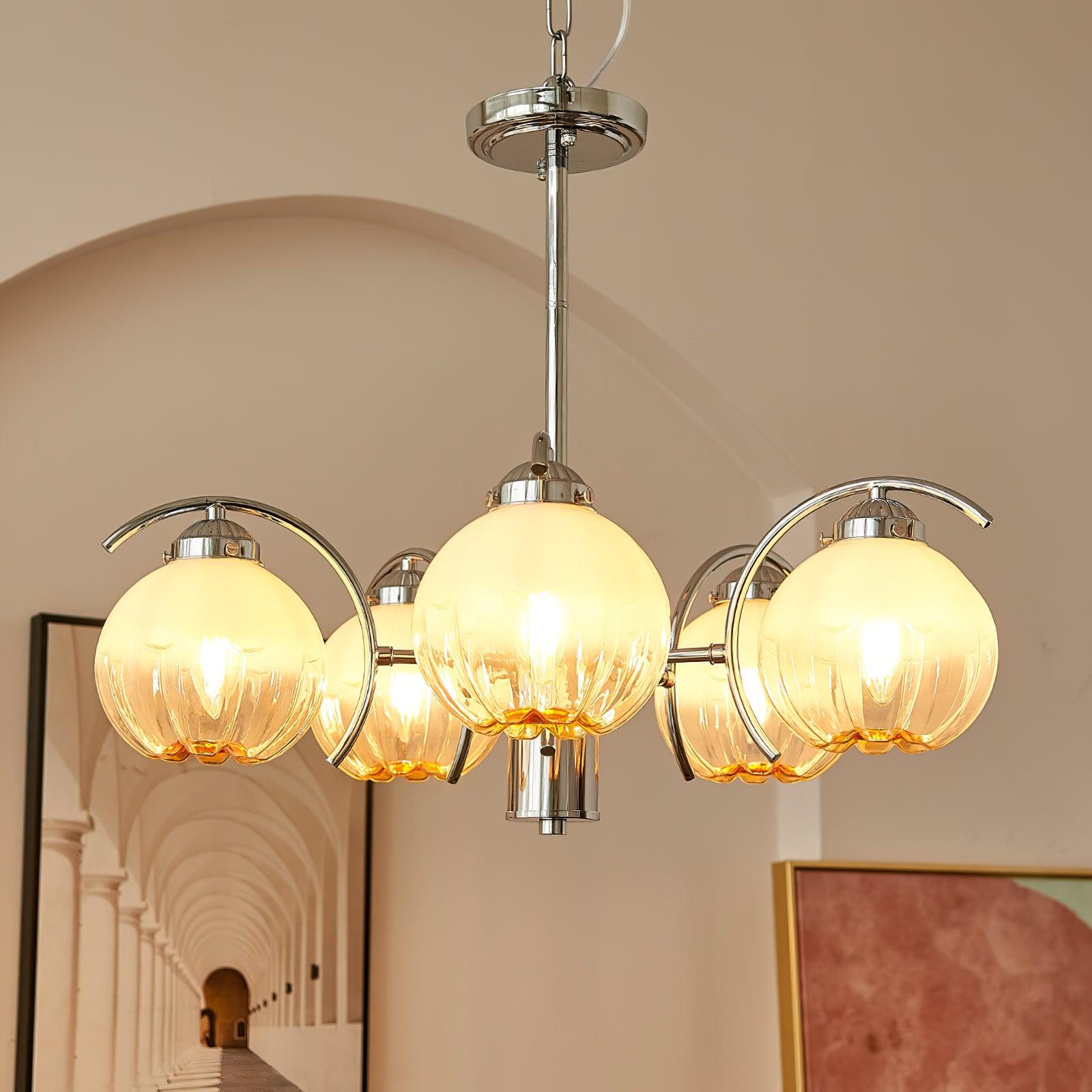 Chandelier Chrome Curved Arms with Frosted Globe Shades-Neutral Decor