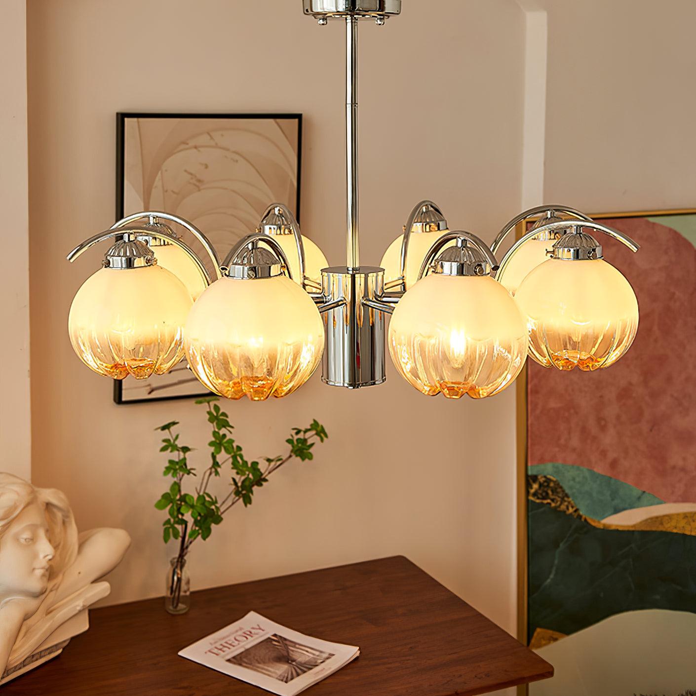 Chandelier Chrome Curved Arms with Frosted Globe Shades-Neutral Decor