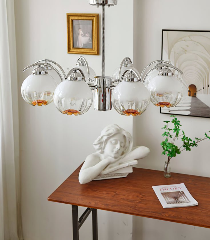 Chandelier Chrome Curved Arms with Frosted Globe Shades-Neutral Decor