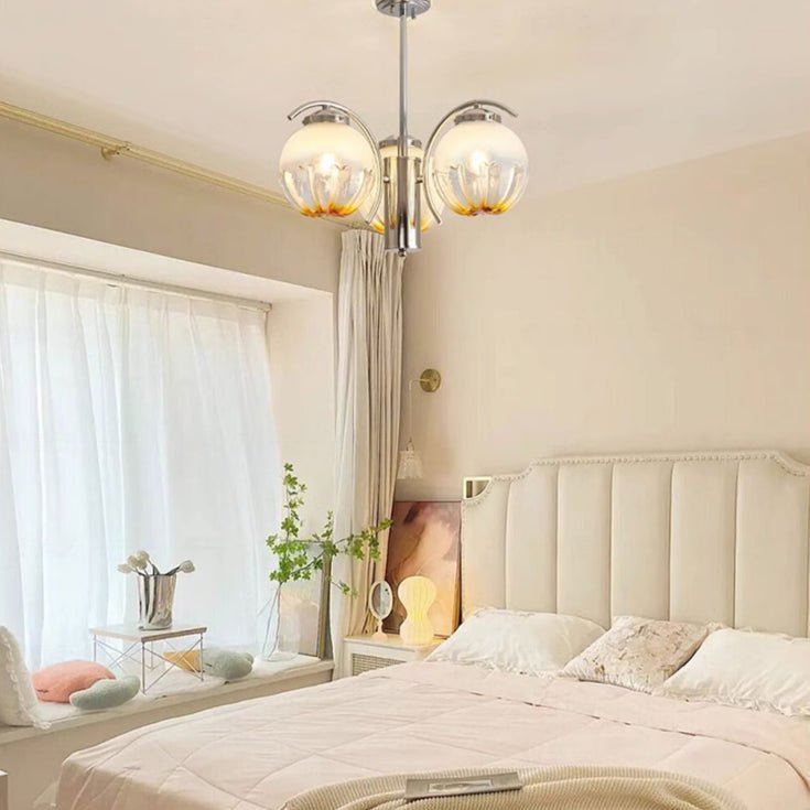 Chandelier Chrome Curved Arms with Frosted Globe Shades-Neutral Decor