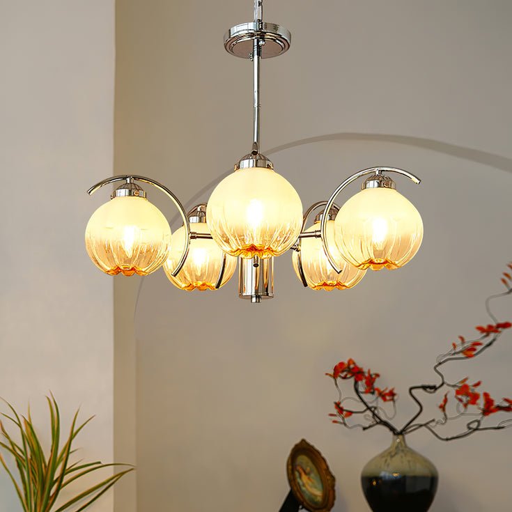 Chandelier Chrome Curved Arms with Frosted Globe Shades-Neutral Decor