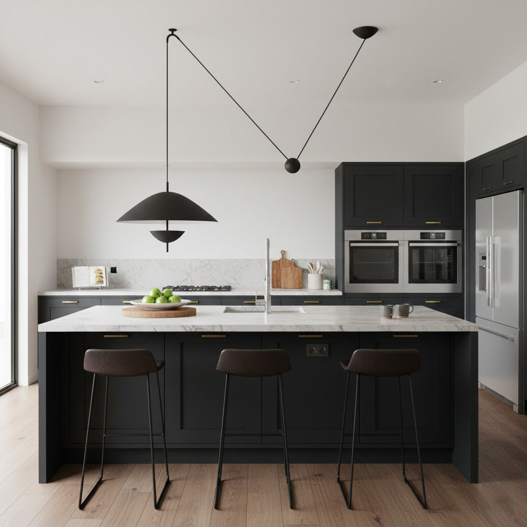 Angled view of the black Lod Pendant Lamp highlighting its graphic silhouette.