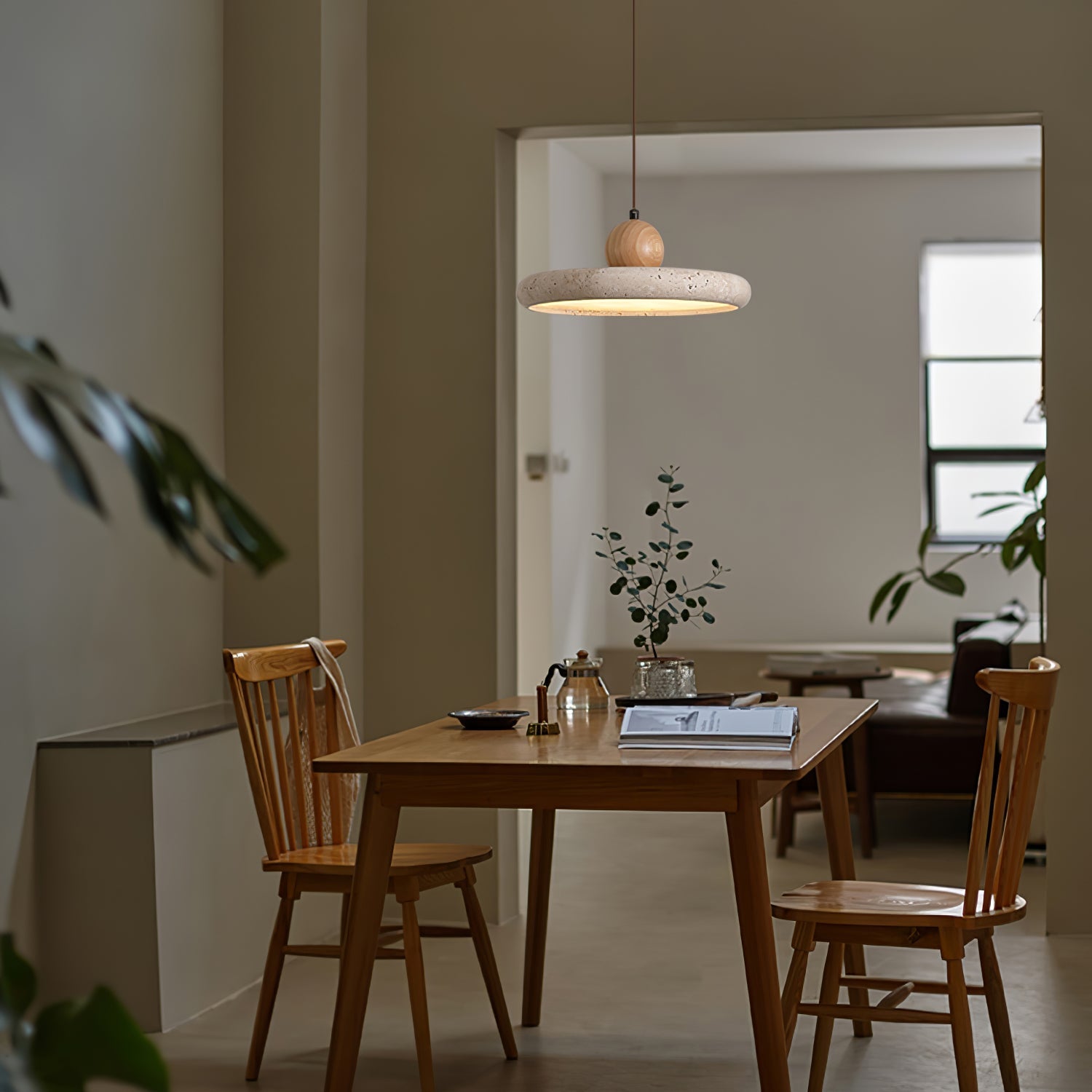Qalm Minimalist Travertine Plug-In Pendant Light-Neutral Decor