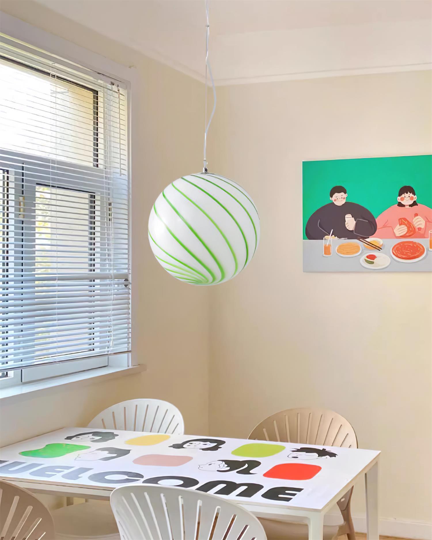 Kairo Pendant Lamp Glass Globe Light with Green Swirl Stripes-Neutral Decor