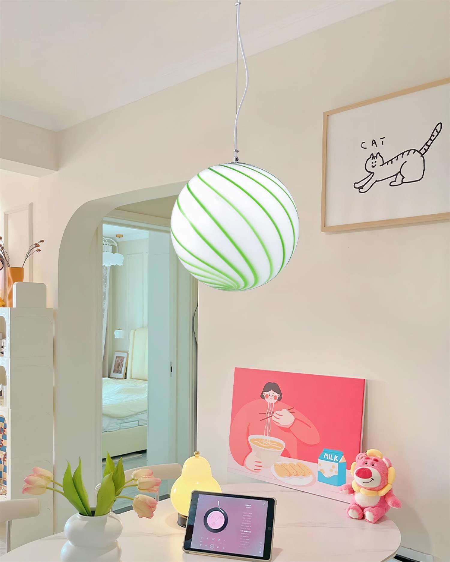 Kairo Pendant Lamp Glass Globe Light with Green Swirl Stripes-Neutral Decor