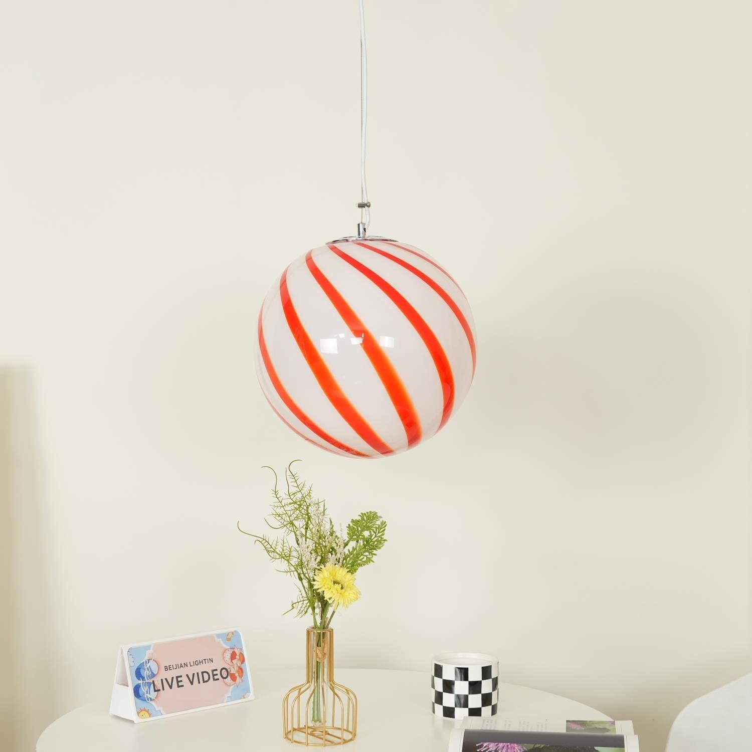 Kairo Pendant Lamp Glass Globe Light with Green Swirl Stripes-Neutral Decor