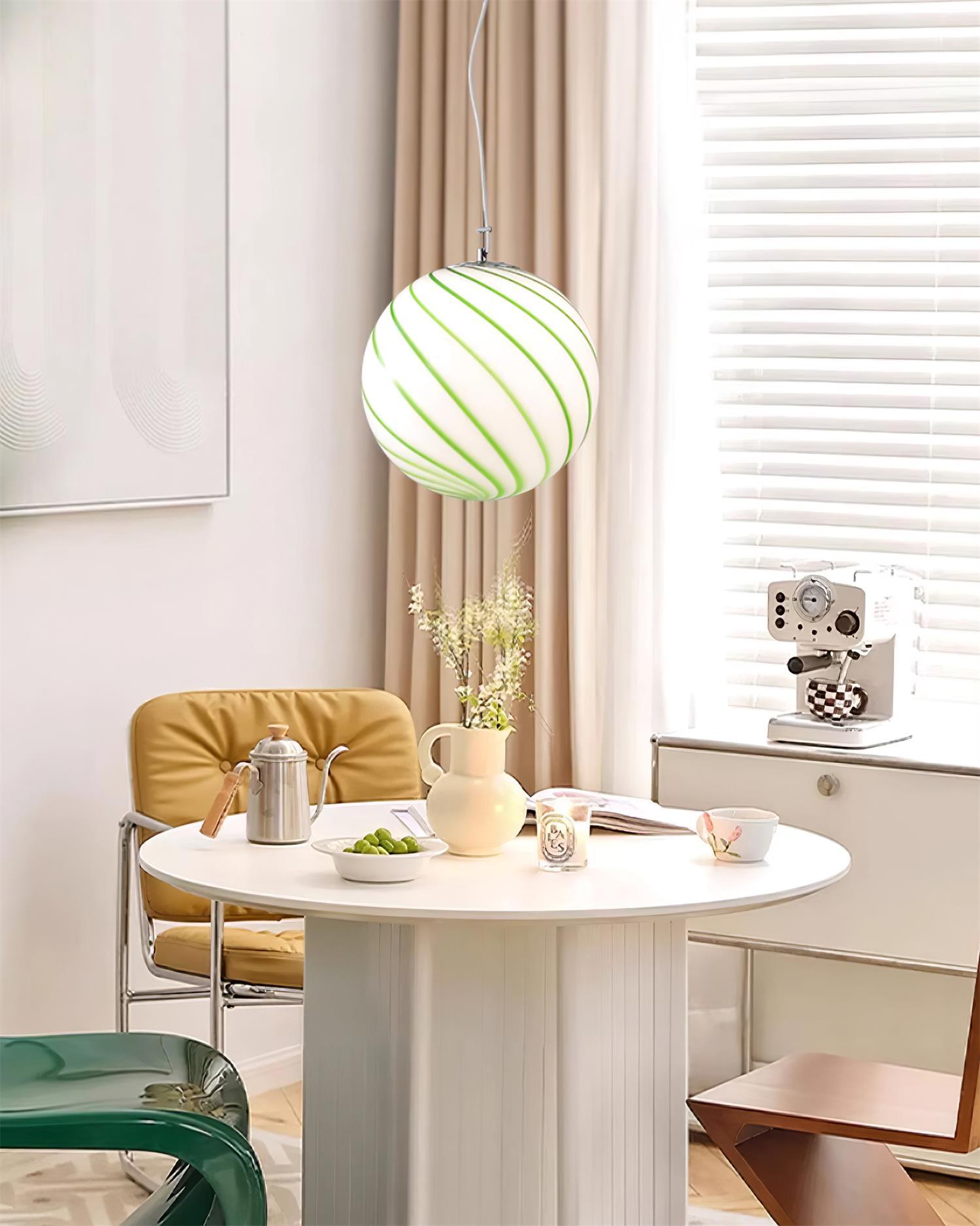 Kairo Pendant Lamp Glass Globe Light with Green Swirl Stripes-Neutral Decor