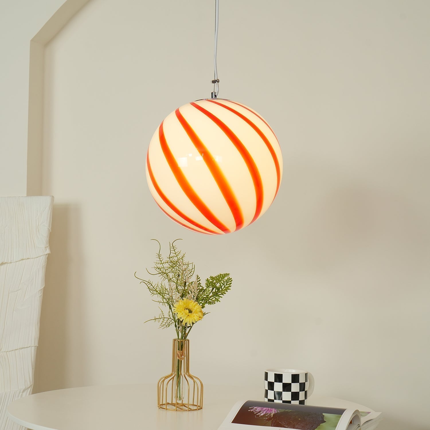 Kairo Pendant Lamp Glass Globe Light with Green Swirl Stripes-Neutral Decor