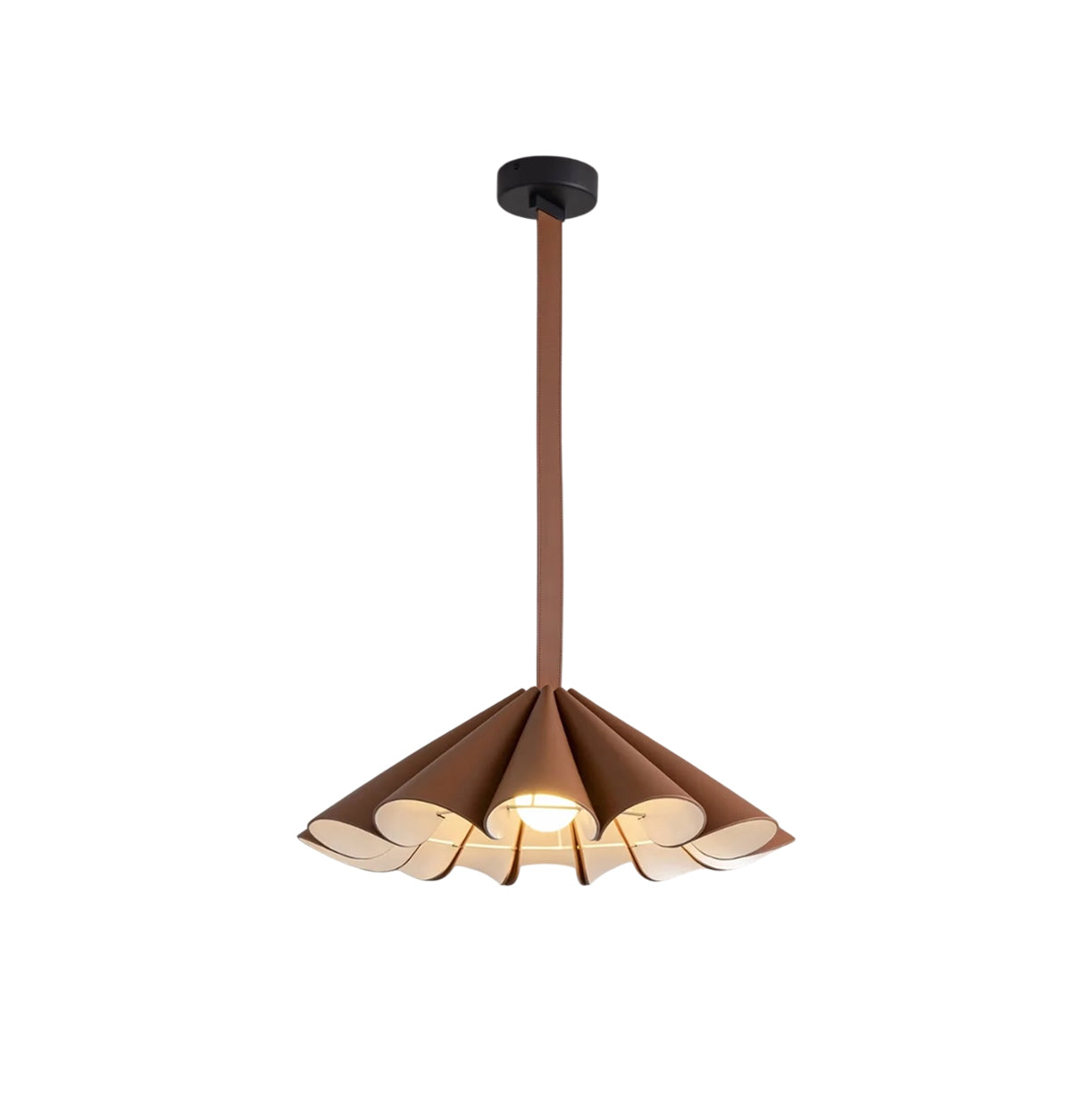 Lora Pendant Lamp in brown leather hanging in a modern living room.
