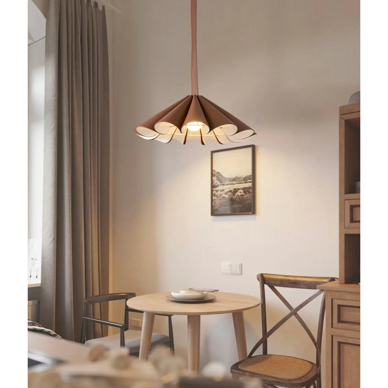 Detailed texture of the brown leather lampshade.