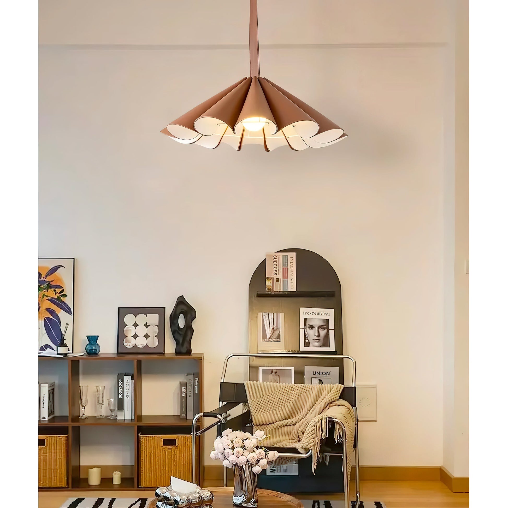 View of the metal canopy and suspension system of the Lora Pendant Lamp.