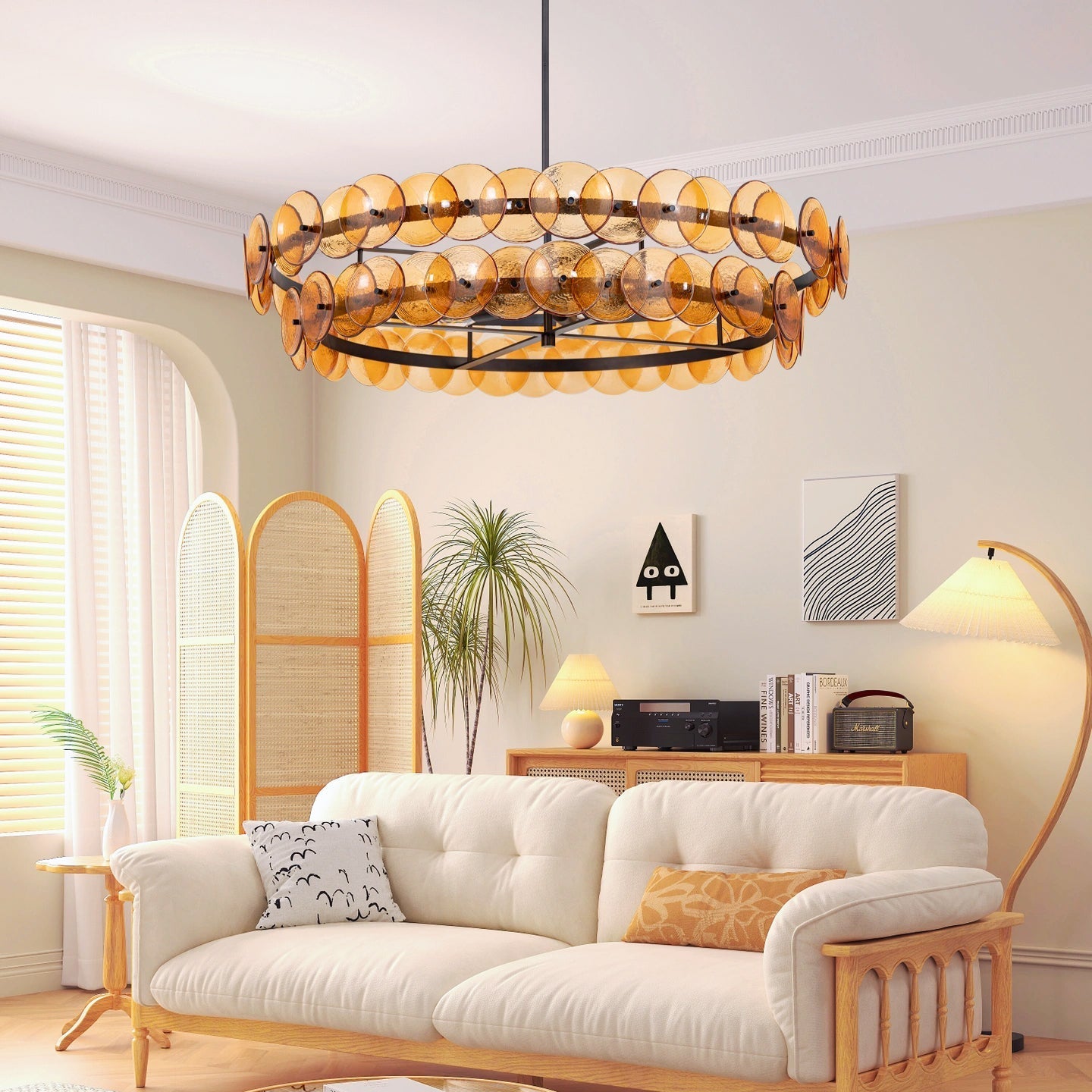 Aurora Chandelier Amber Pressed Glass Disc Round-Neutral Decor