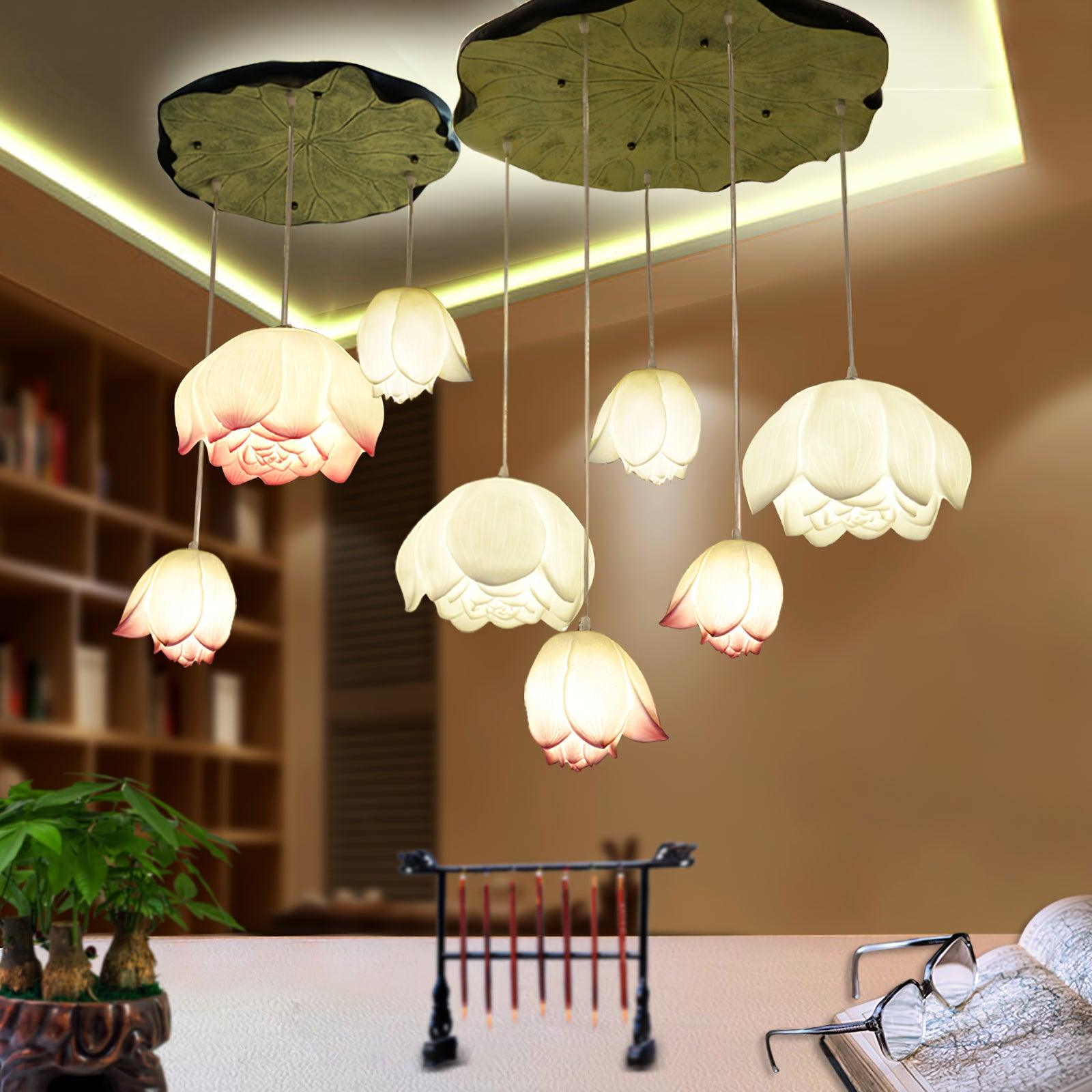 Cirvel Chandelier Lotus Floral Pendant Pink White 7-Light-Neutral Decor