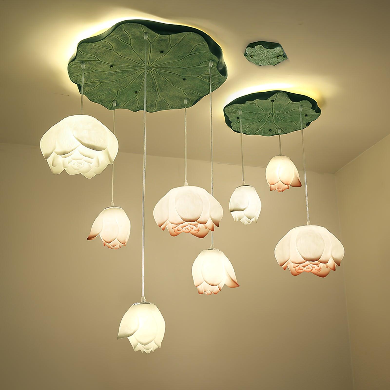 Cirvel Chandelier Lotus Floral Pendant Pink White 7-Light-Neutral Decor