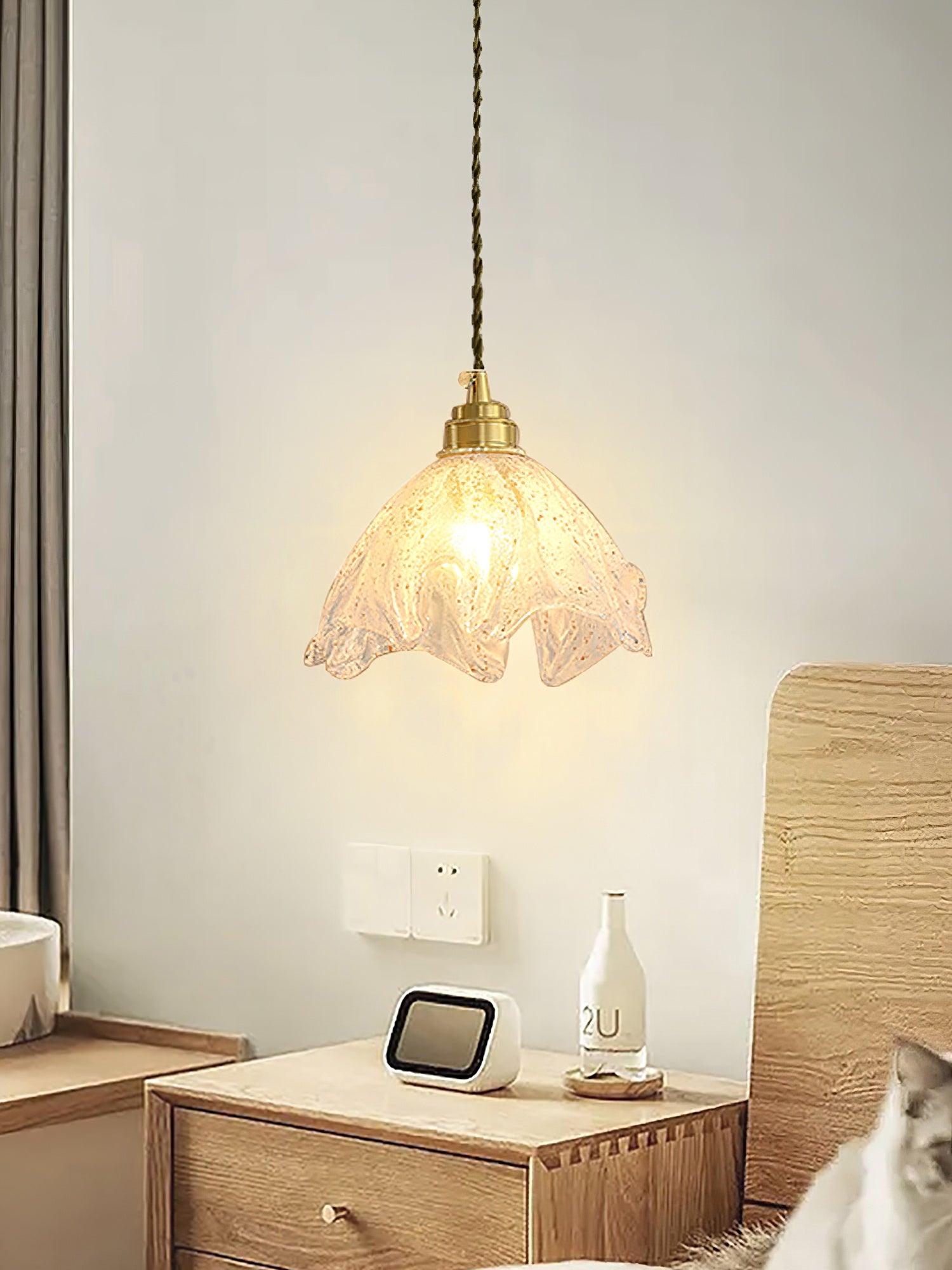Deveny Pendant Lamp Brass Ruffled Glass Lotus Vintage-Neutral Decor