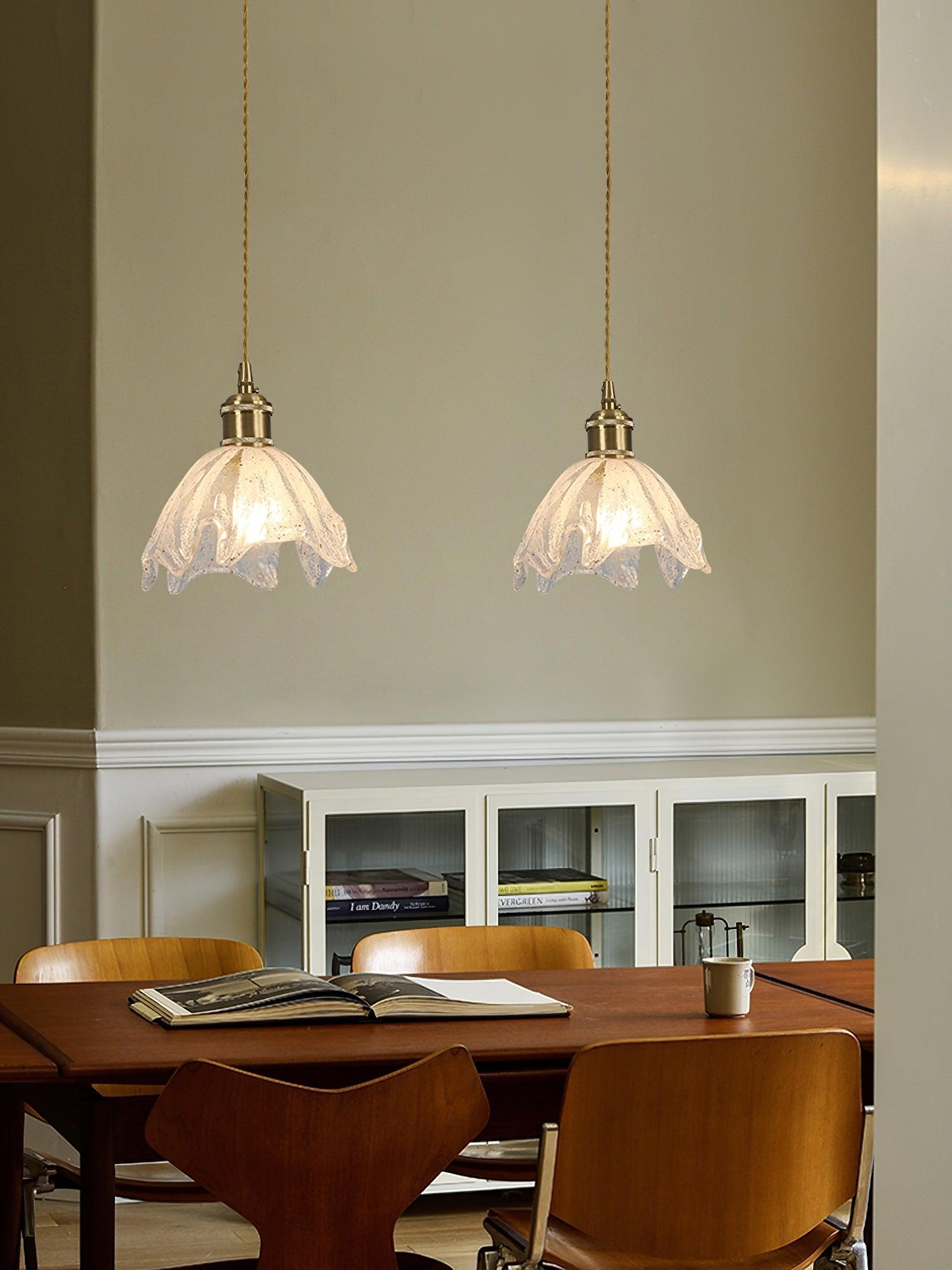 Deveny Pendant Lamp Brass Ruffled Glass Lotus Vintage-Neutral Decor