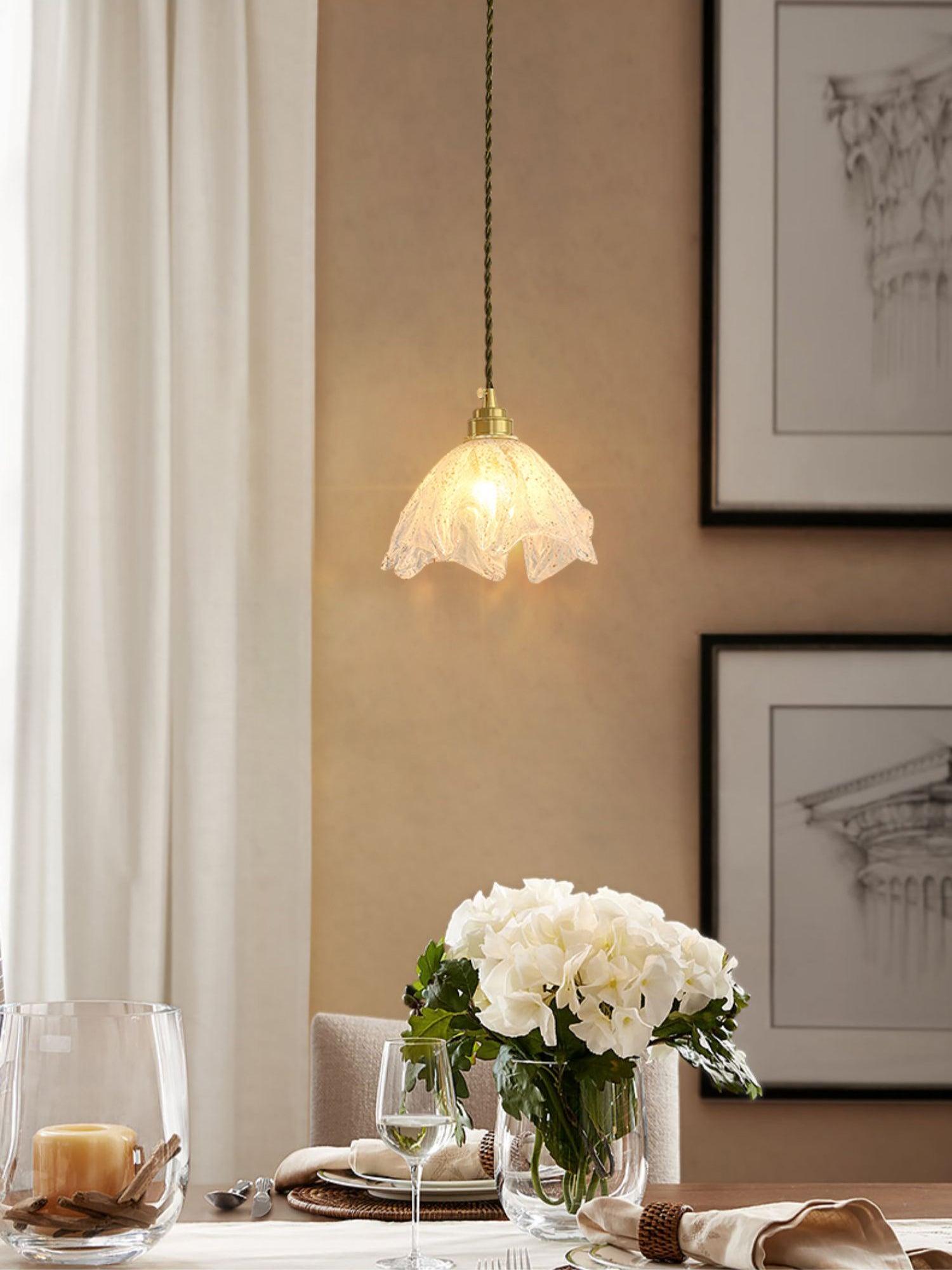 Deveny Pendant Lamp Brass Ruffled Glass Lotus Vintage-Neutral Decor