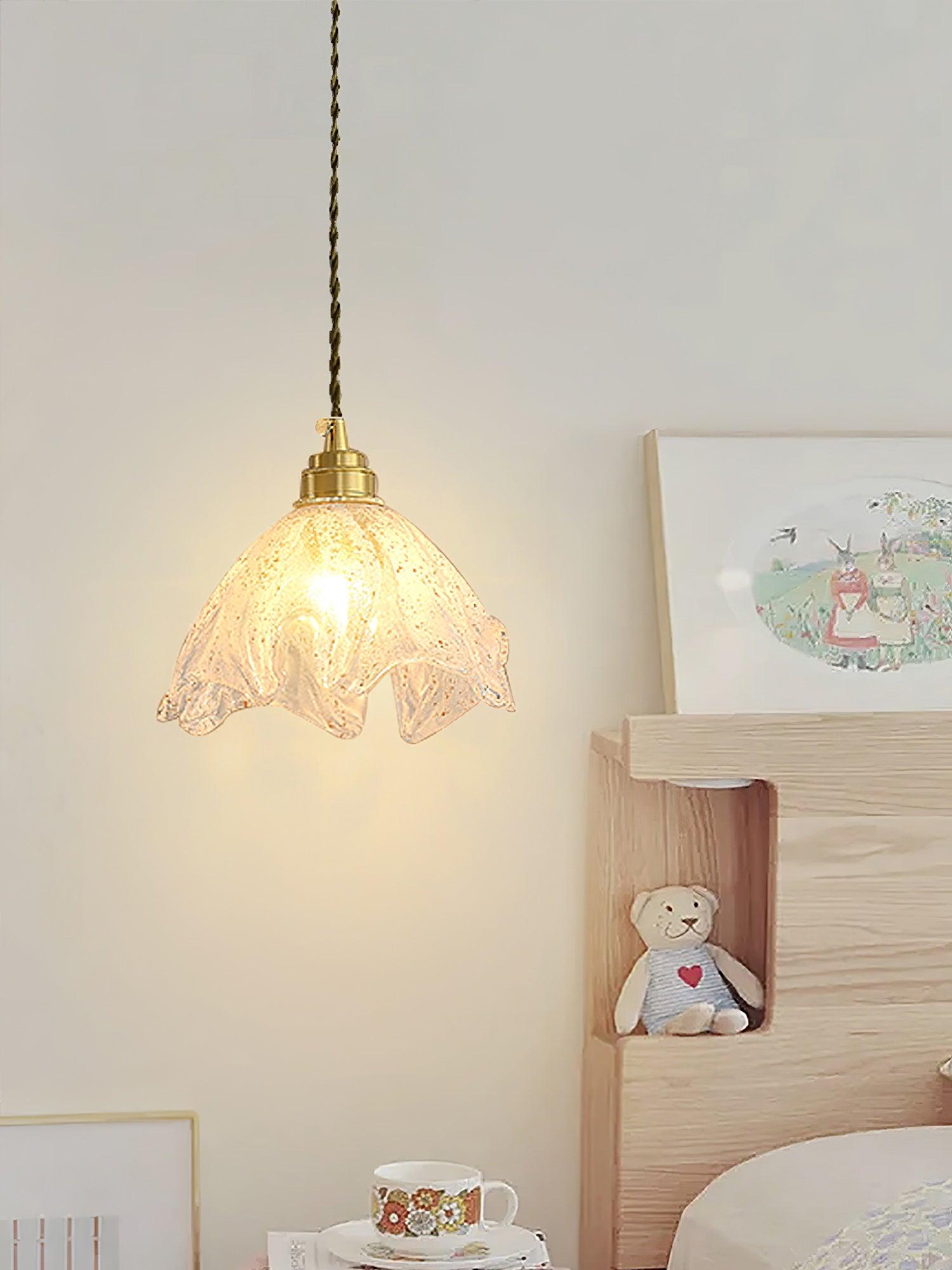 Deveny Pendant Lamp Brass Ruffled Glass Lotus Vintage-Neutral Decor