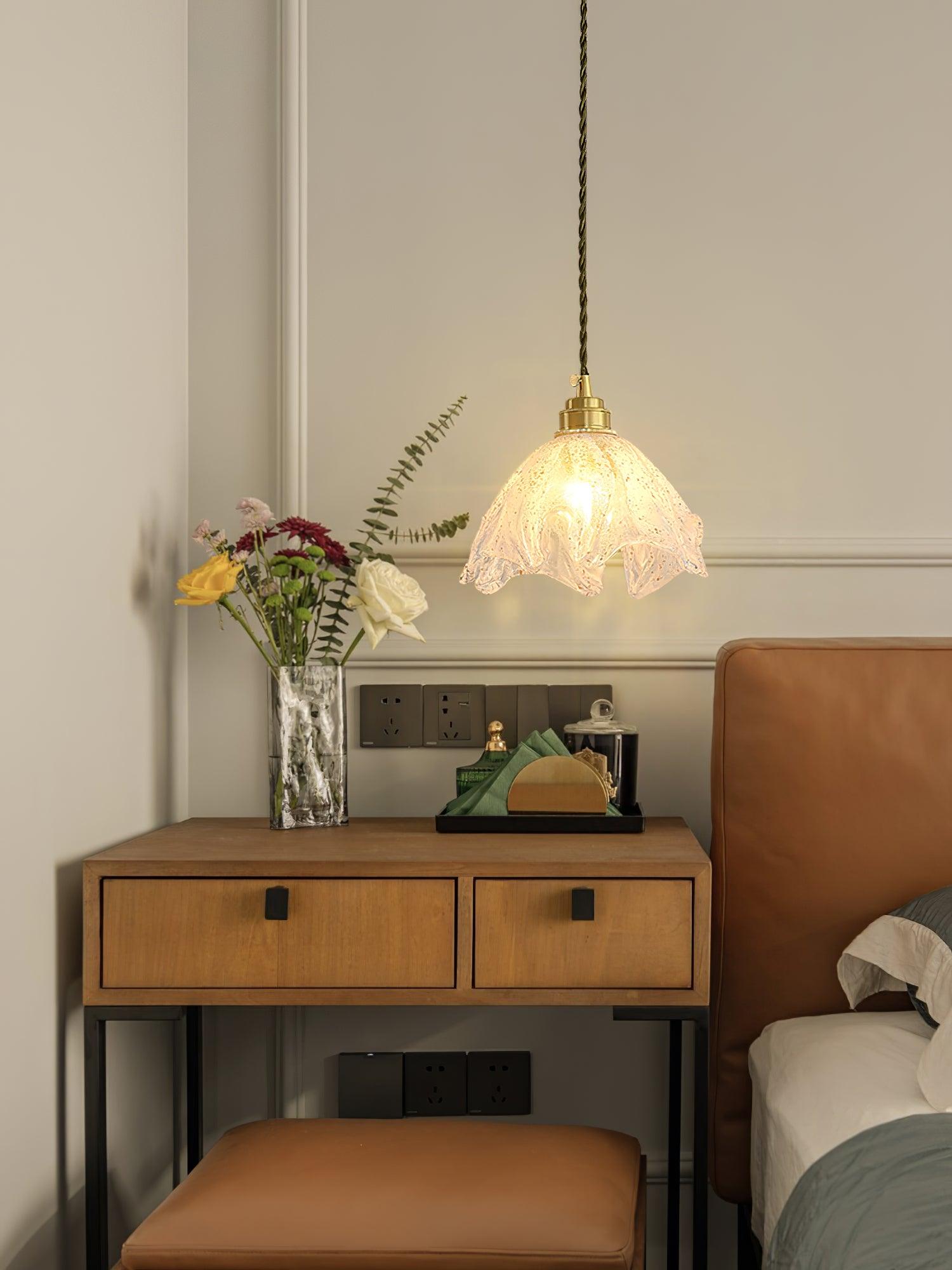 Deveny Pendant Lamp Brass Ruffled Glass Lotus Vintage-Neutral Decor