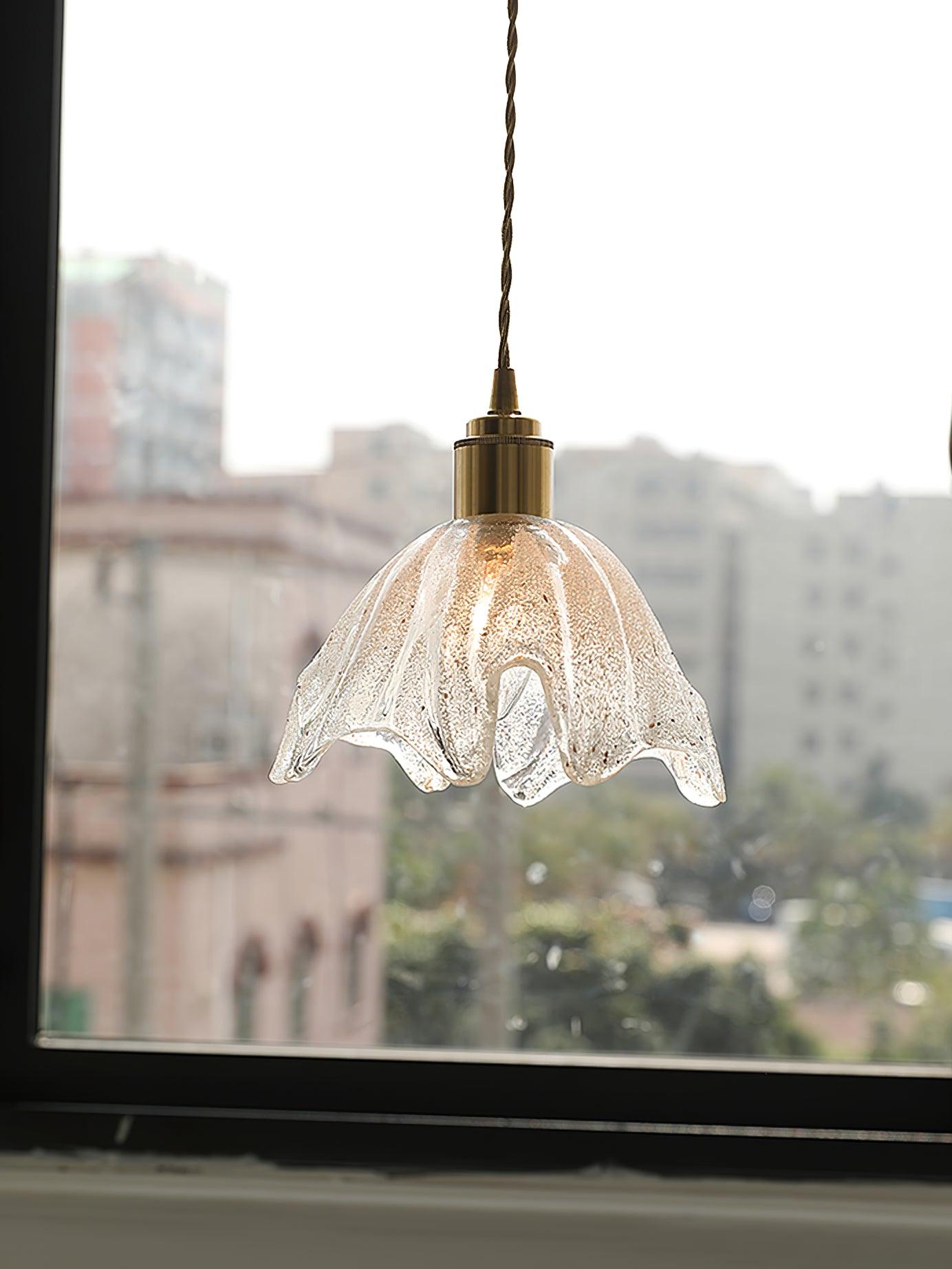 Deveny Pendant Lamp Brass Ruffled Glass Lotus Vintage-Neutral Decor