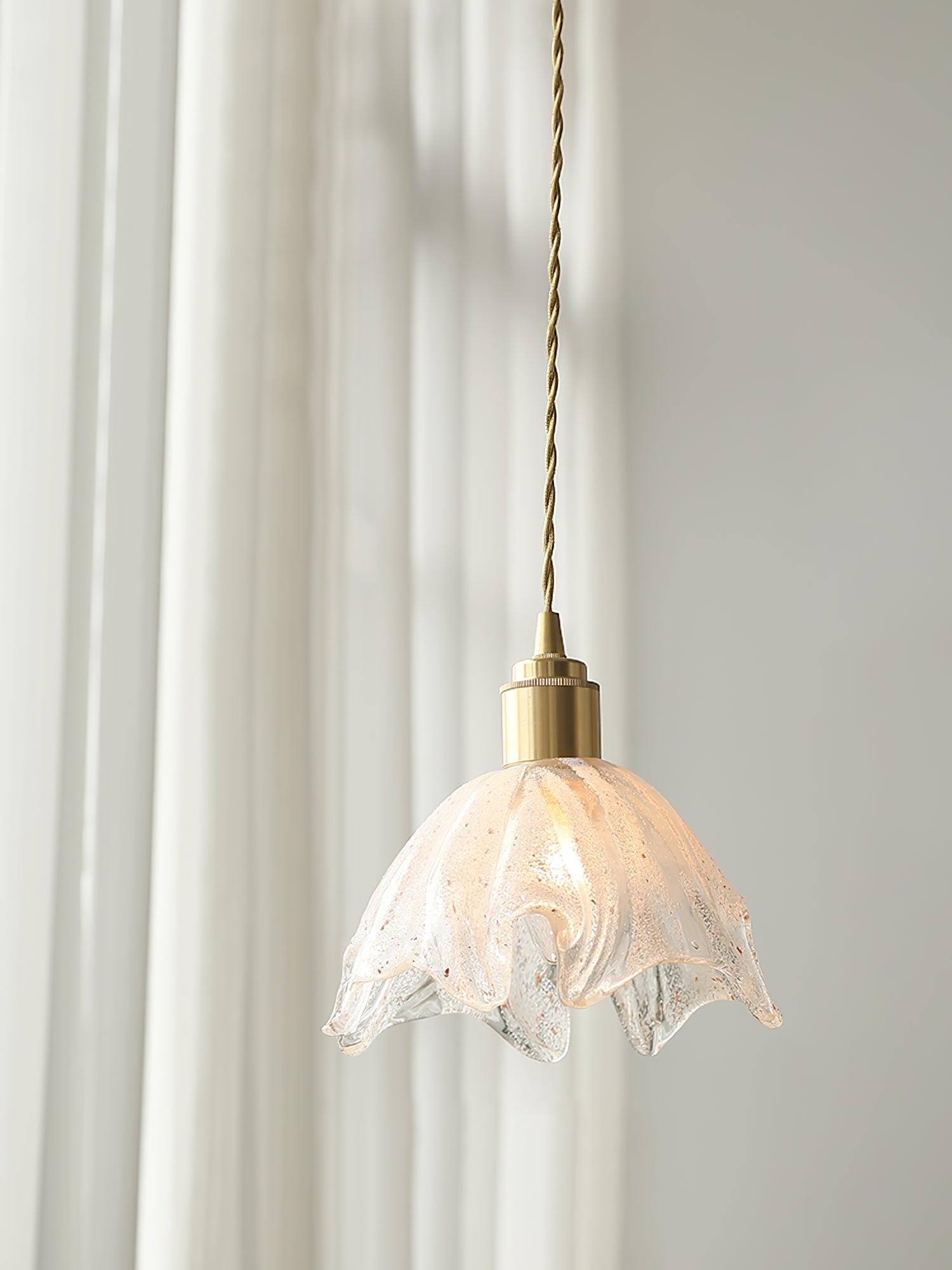 Deveny Pendant Lamp Brass Ruffled Glass Lotus Vintage-Neutral Decor