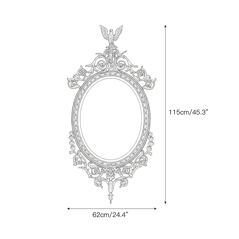 Detail of the foliage and scrollwork at the top of the Louis wall mirror.