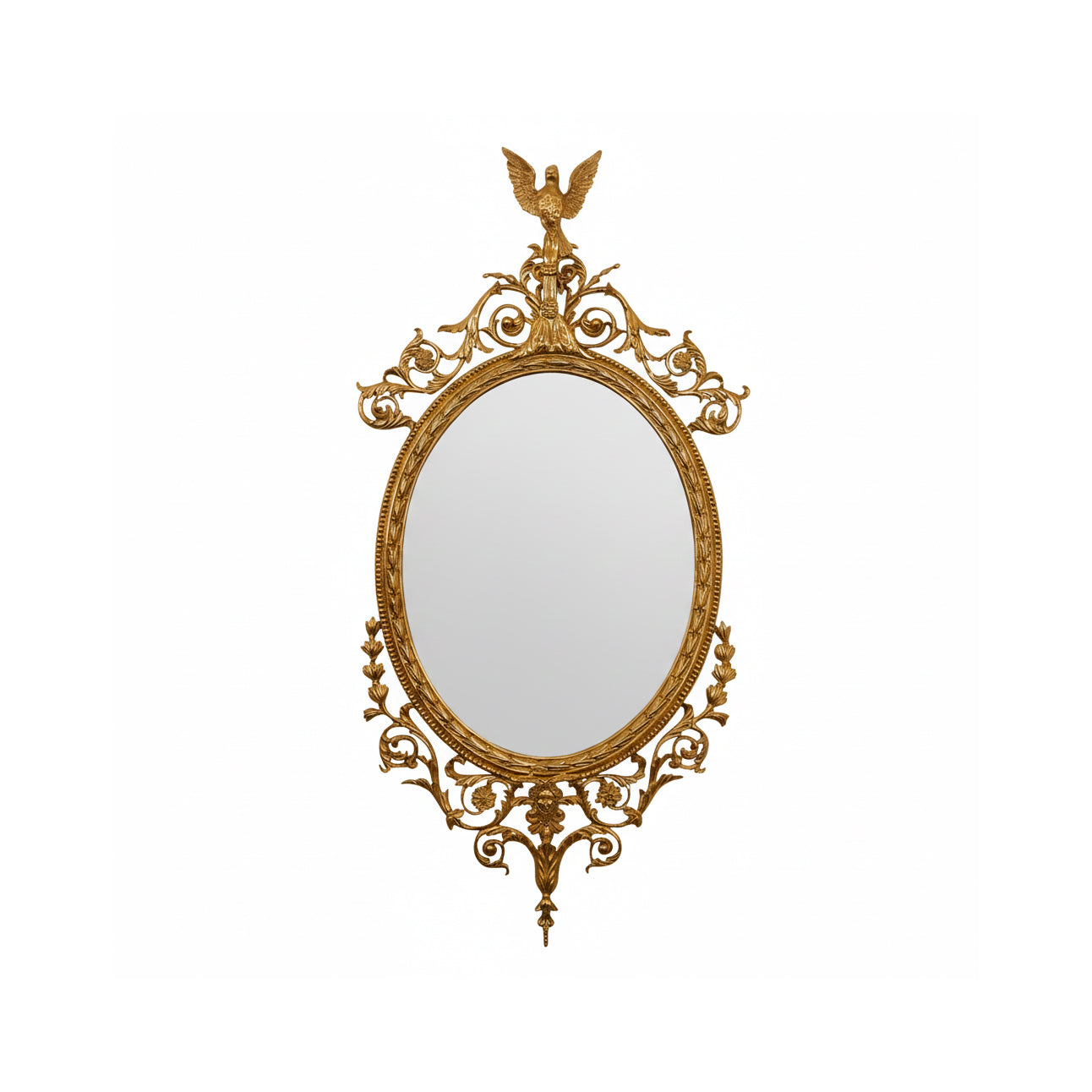 Front view of the Louis oval wall mirror with an ornate brass frame.