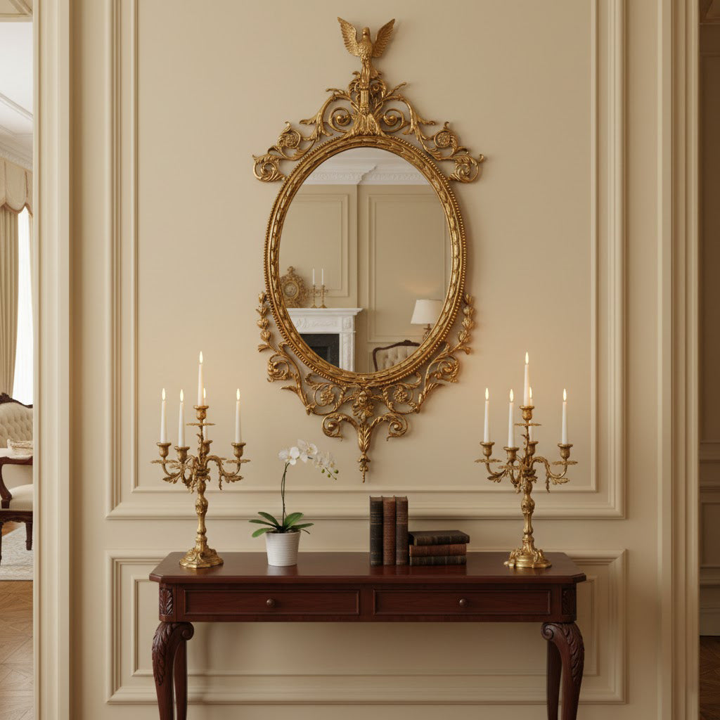 Close-up of the intricate Rococo scrollwork on the brass mirror frame.
