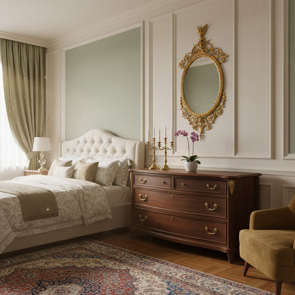 A lifestyle shot of the Rococo mirror in a hallway, adding architectural interest.