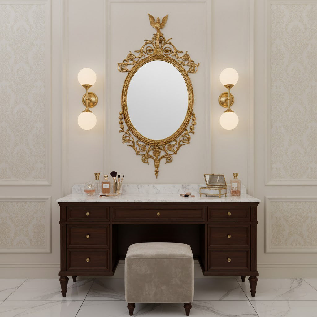 Side angle view of the Louis brass wall mirror, showing its depth.