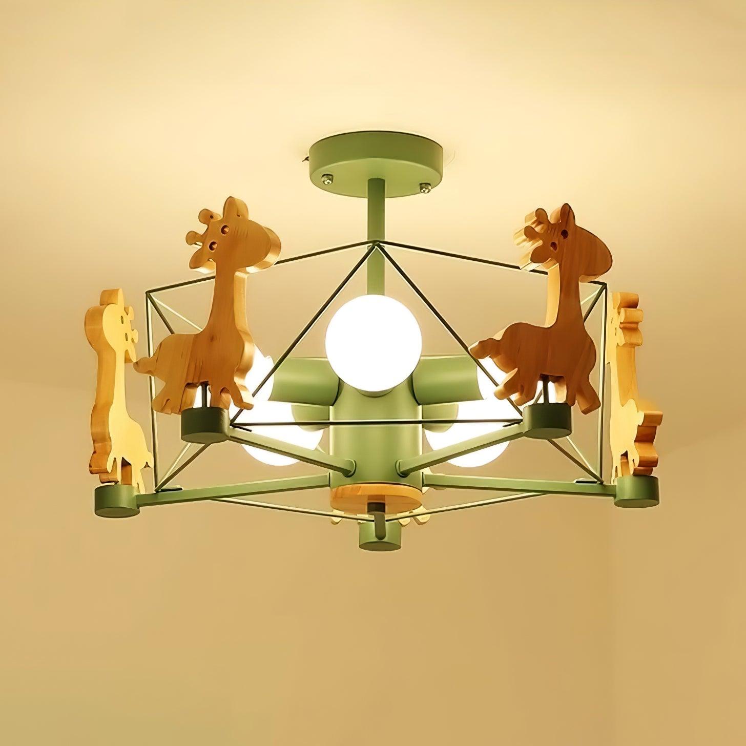 Develo Chandelier Lovely Deer Wooden Green & Pink-Neutral Decor