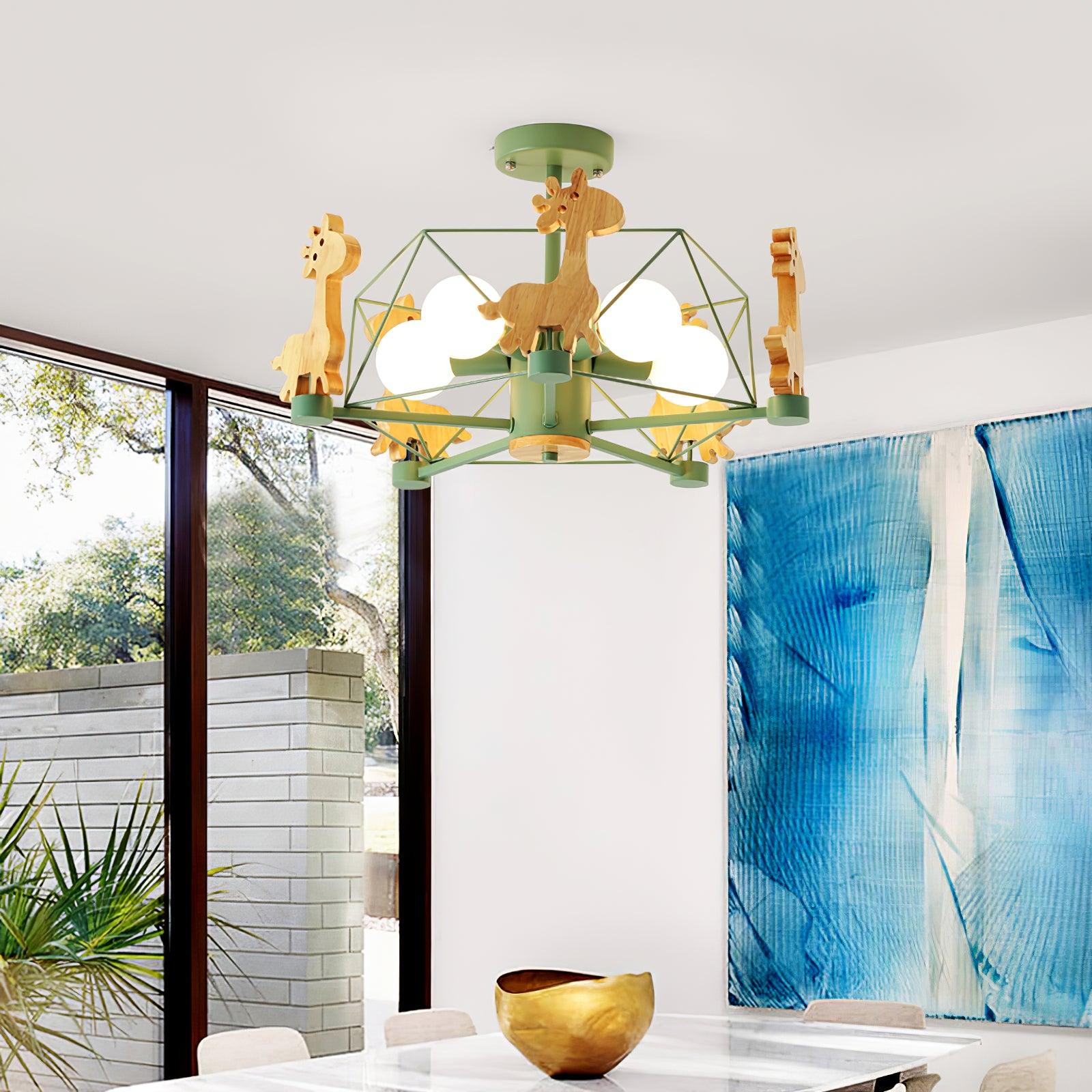 Develo Chandelier Lovely Deer Wooden Green & Pink-Neutral Decor