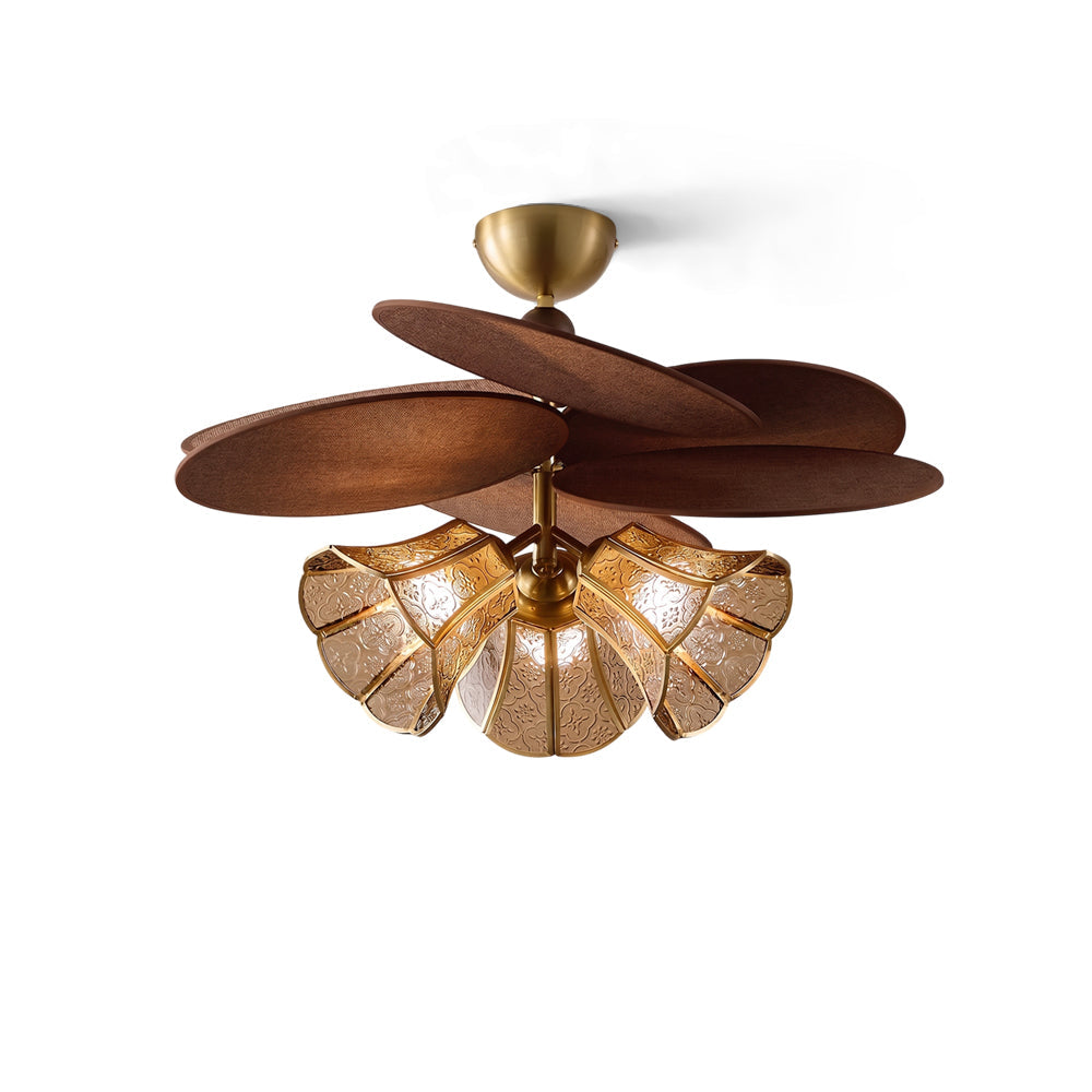 Front view of the Lucca Glass Chandelier with three embossed amber shades.