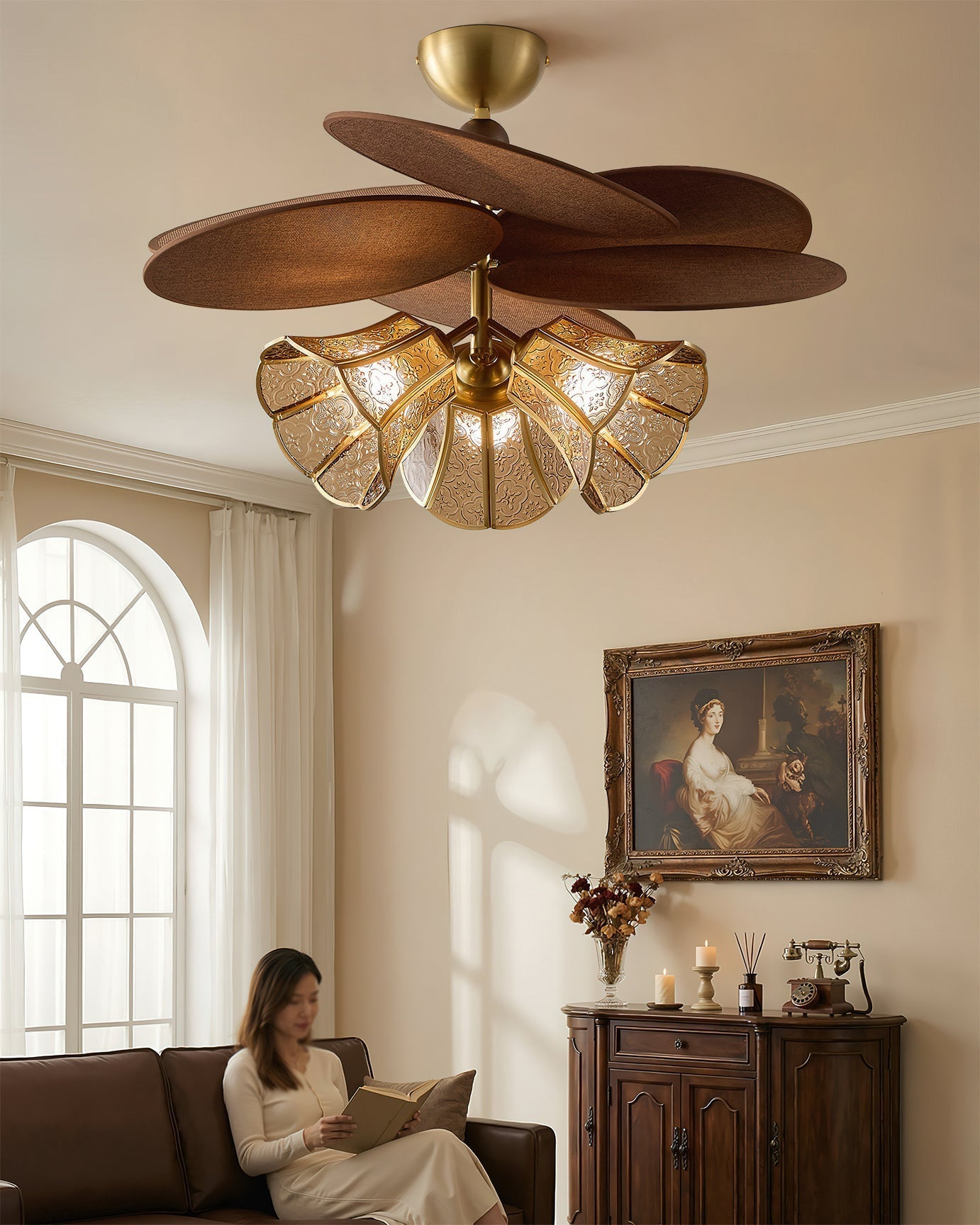 Angled view of the Lucca Chandelier showcasing its layered glass design.