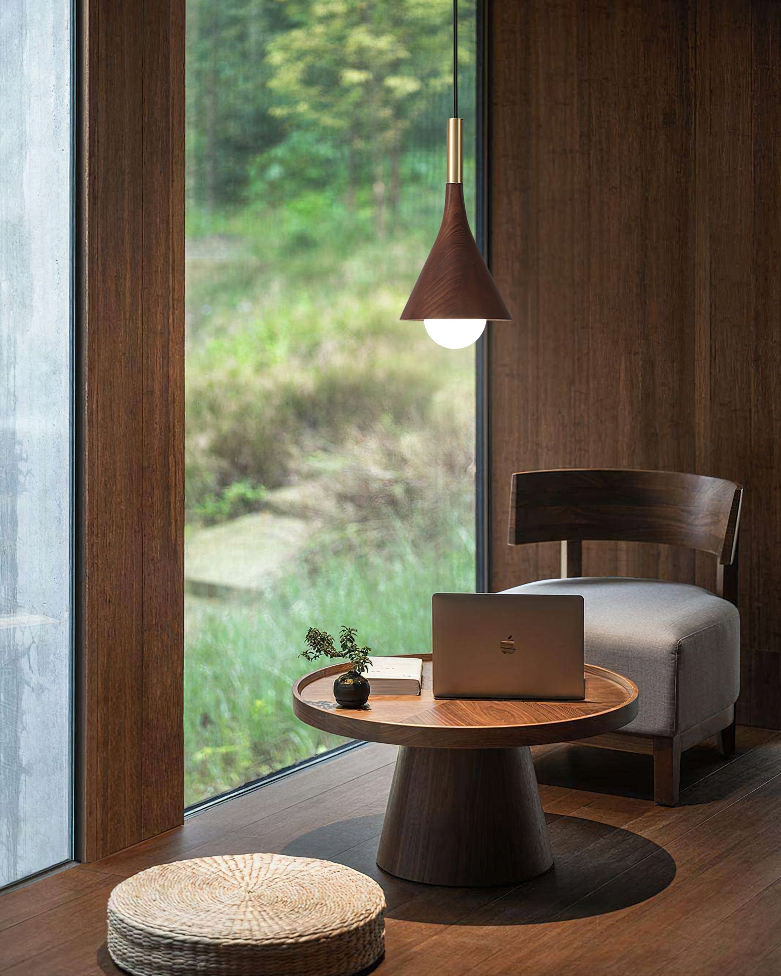 Close-up of the wood grain and brass detail on the Lucian Pendant Lamp.