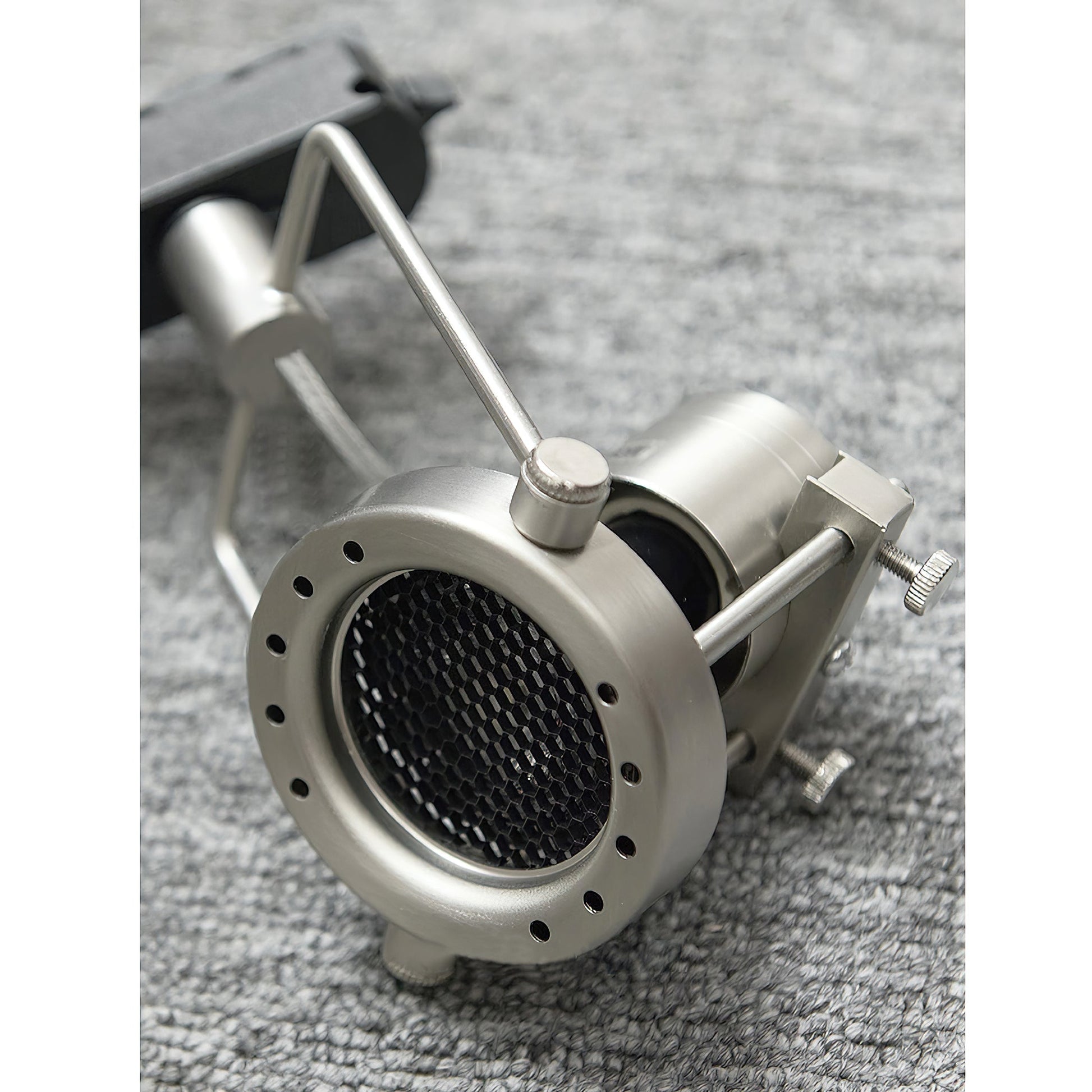 Side profile of the industrial nickel ceiling lamp.