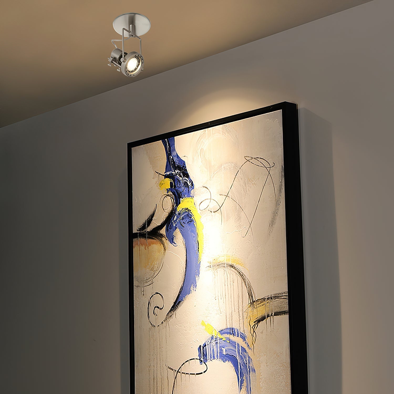 The industrial ceiling lamp installed in a modern living room.