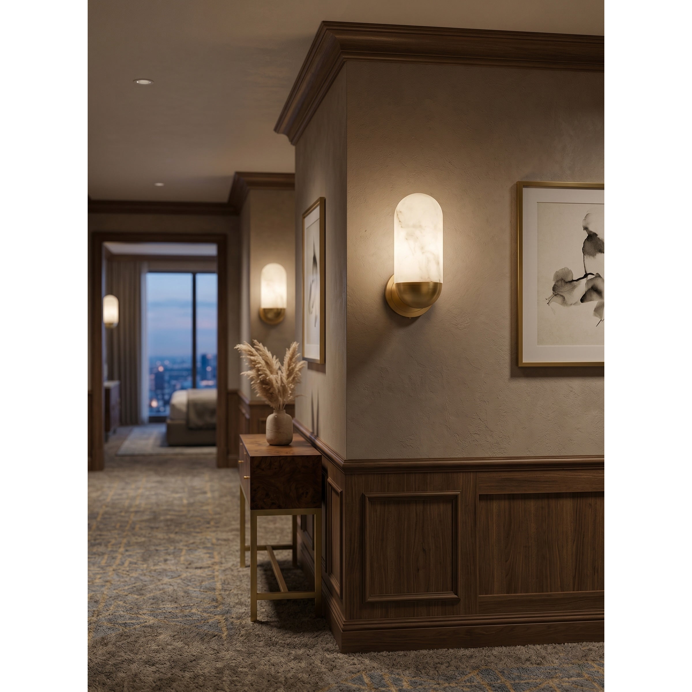 Lifestyle image of the lamp providing ambient light in a living room.