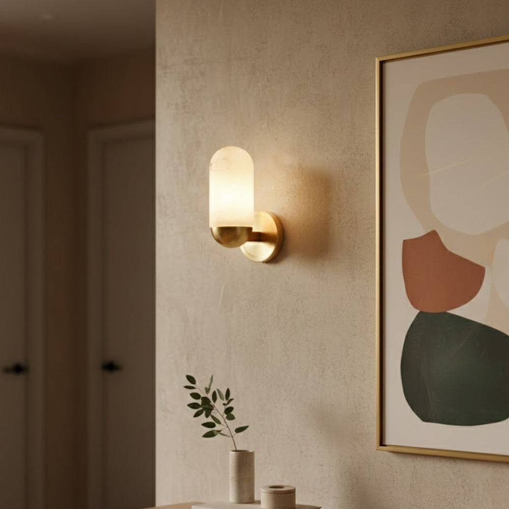 Close-up view of the natural alabaster veining on the lampshade.