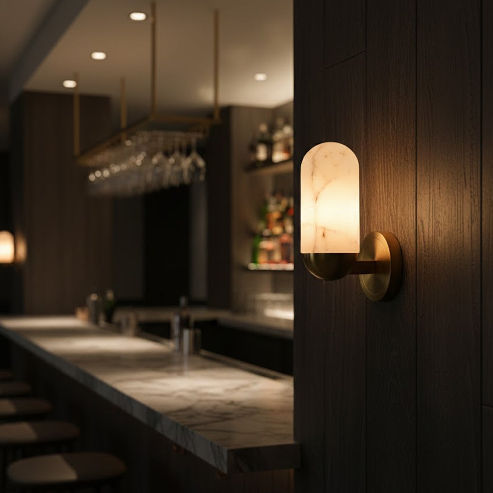 Side profile of the capsule-inspired silhouette of the alabaster lamp.