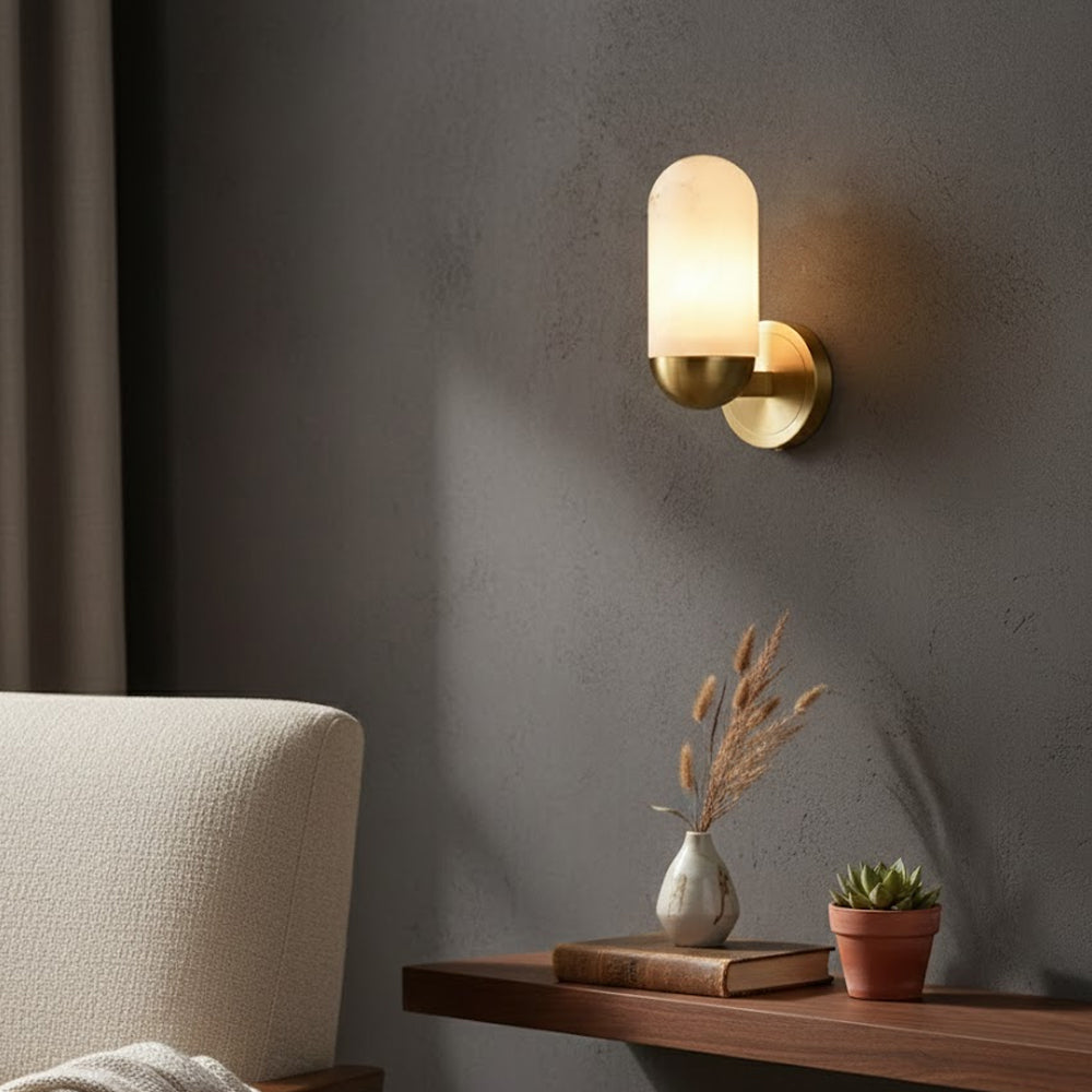 Lumeers Alabaster Wall Lamp in a minimalist bedroom setting.