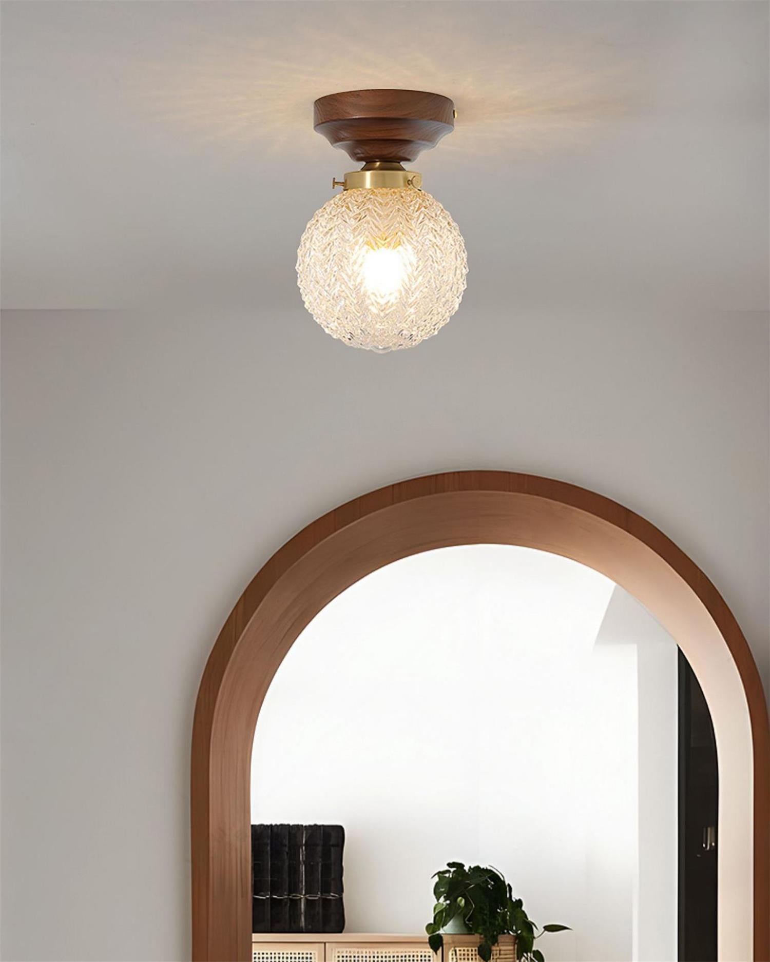 Ceiling Light Globe Shade Clear Glass Walnut Wood Canopy Brass