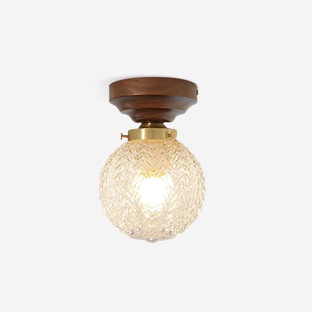 Ceiling Light Globe Shade Clear Glass Walnut Wood Canopy Brass