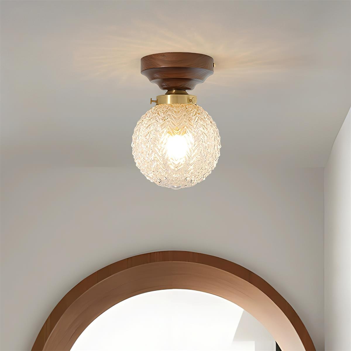 Ceiling Light Globe Shade Clear Glass Walnut Wood Canopy Brass