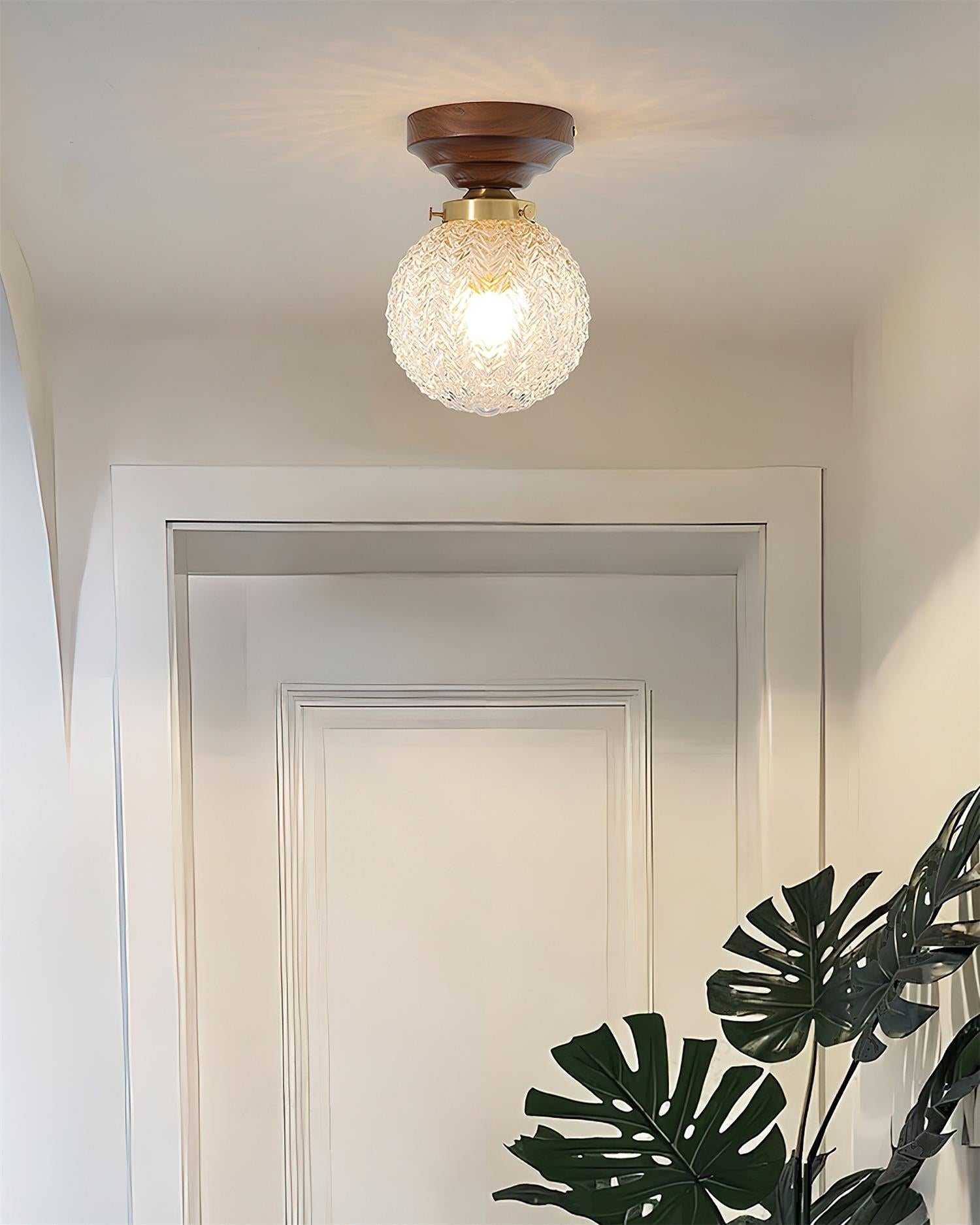 Ceiling Light Globe Shade Clear Glass Walnut Wood Canopy Brass