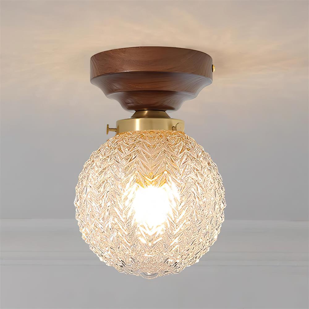 Ceiling Light Globe Shade Clear Glass Walnut Wood Canopy Brass