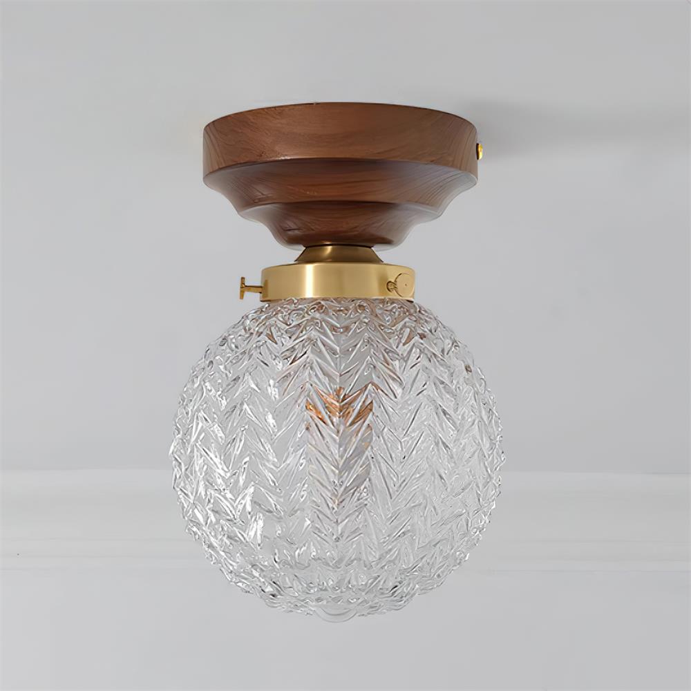 Ceiling Light Globe Shade Clear Glass Walnut Wood Canopy Brass