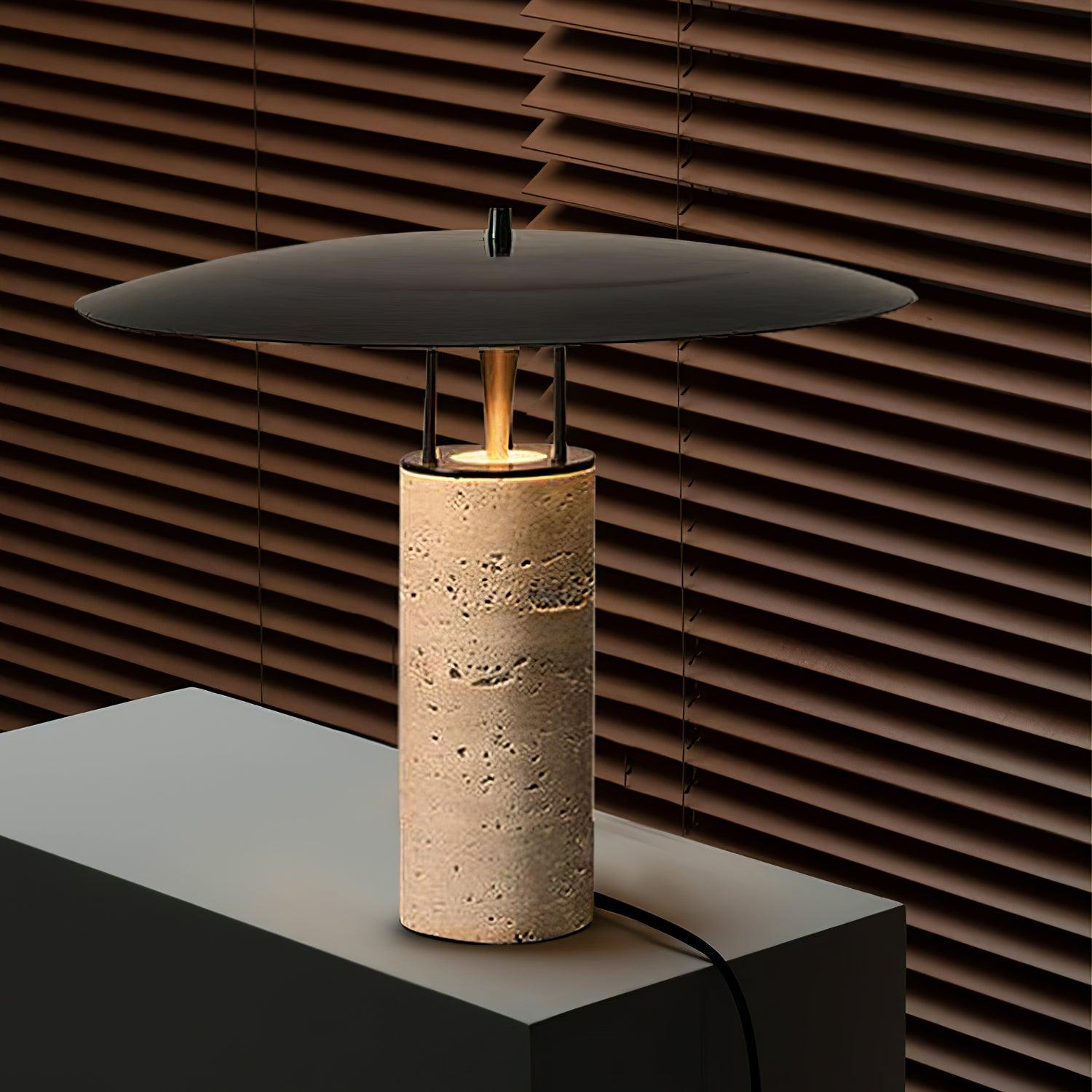 Eara Disc-Pillar Travertine Table Lamp-Neutral Decor